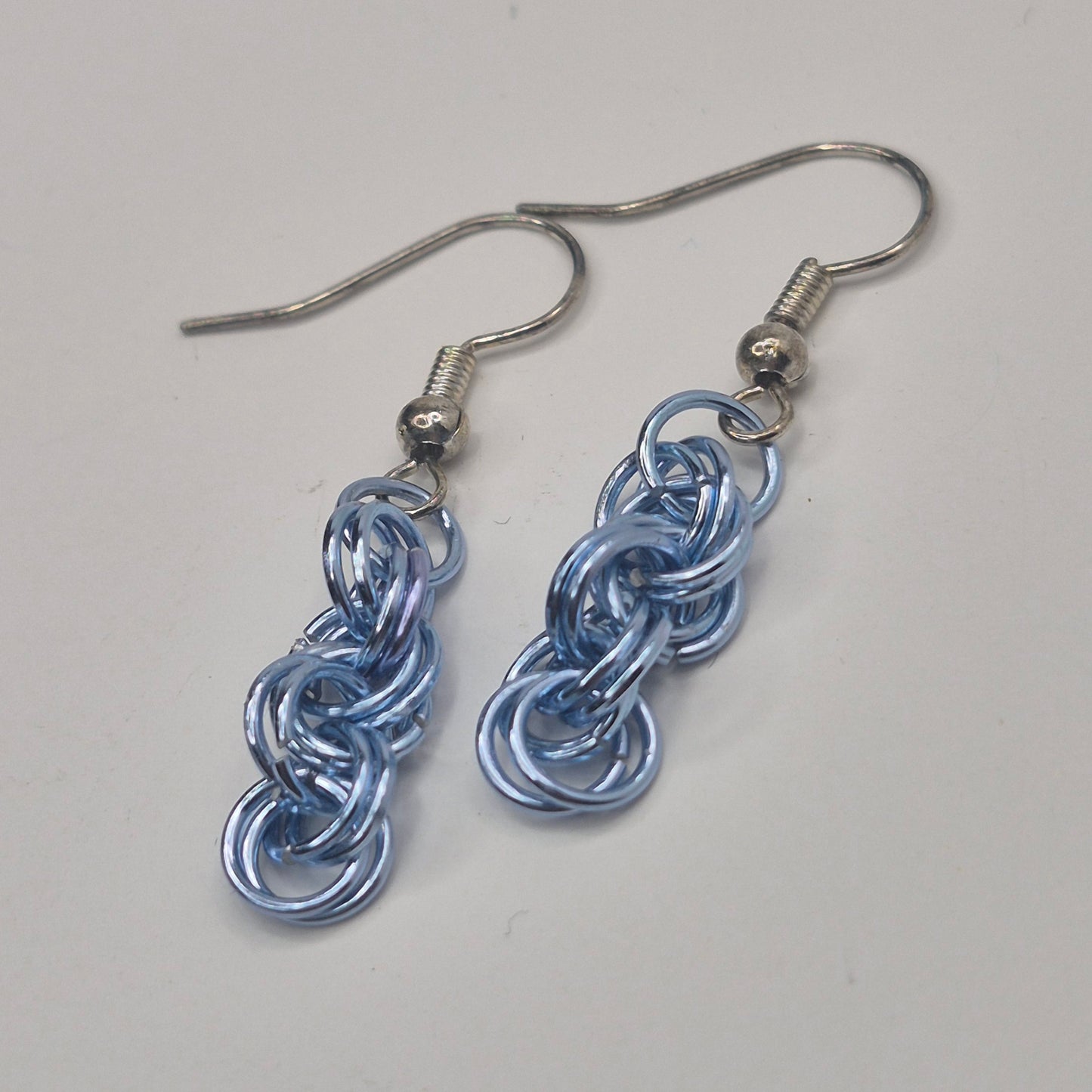 Spiral Earrings, blue chainmail