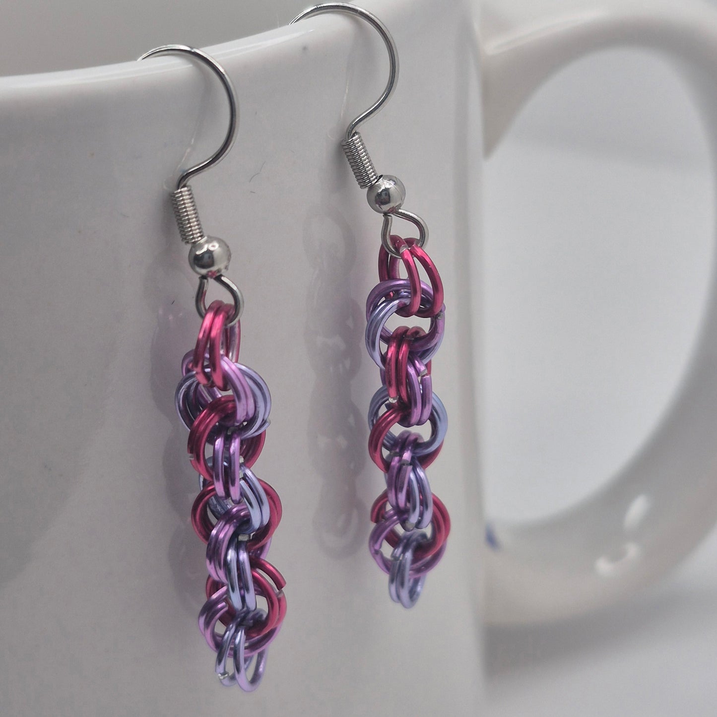 Spiral Earrings, pink, purple, blue chainmail