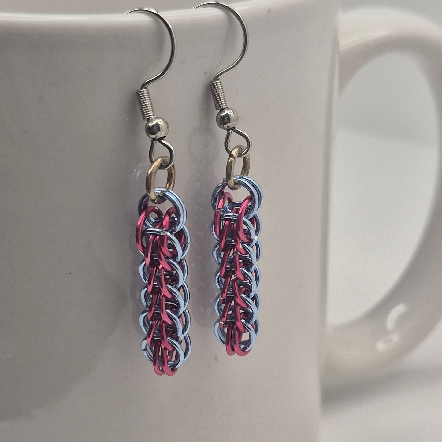 Persian weave earrings, pink and blue chainmail