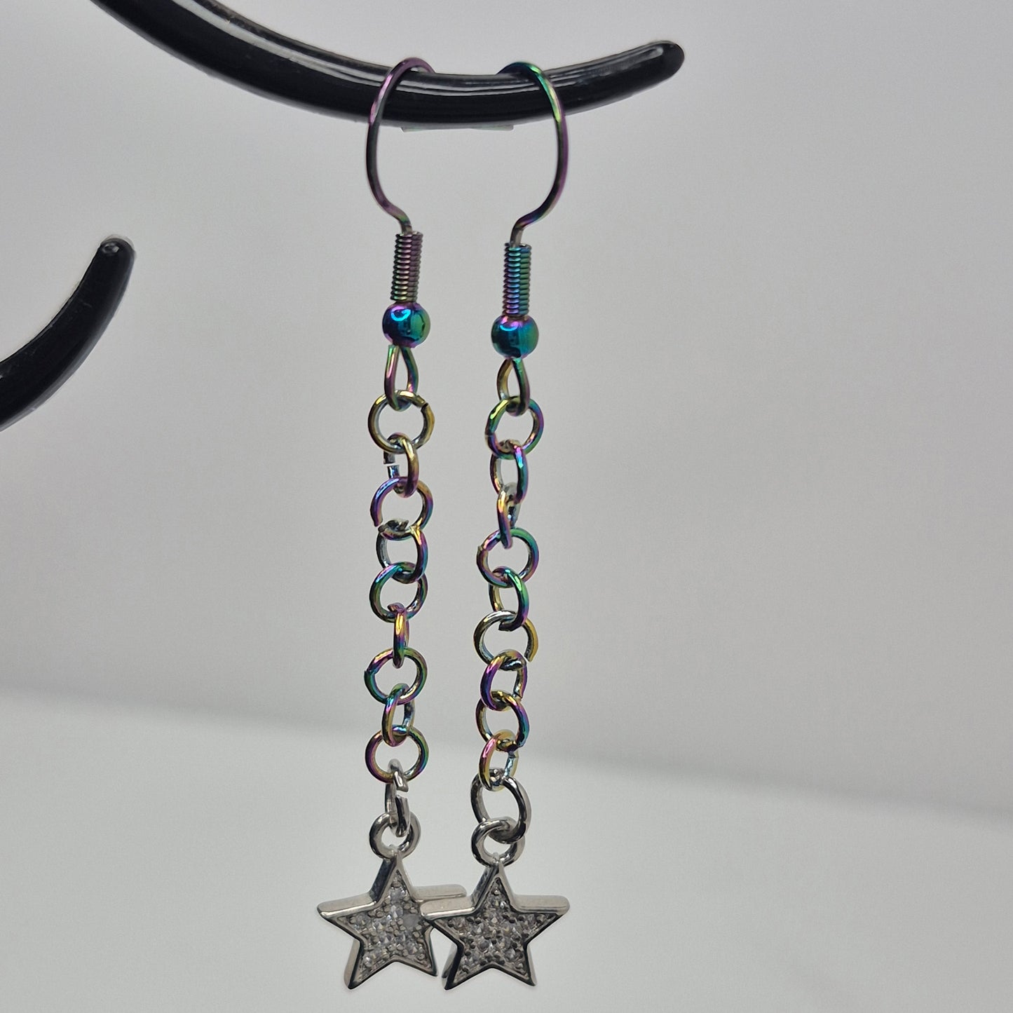 Earrings, multichrome rainbow chainmaille with dangle star