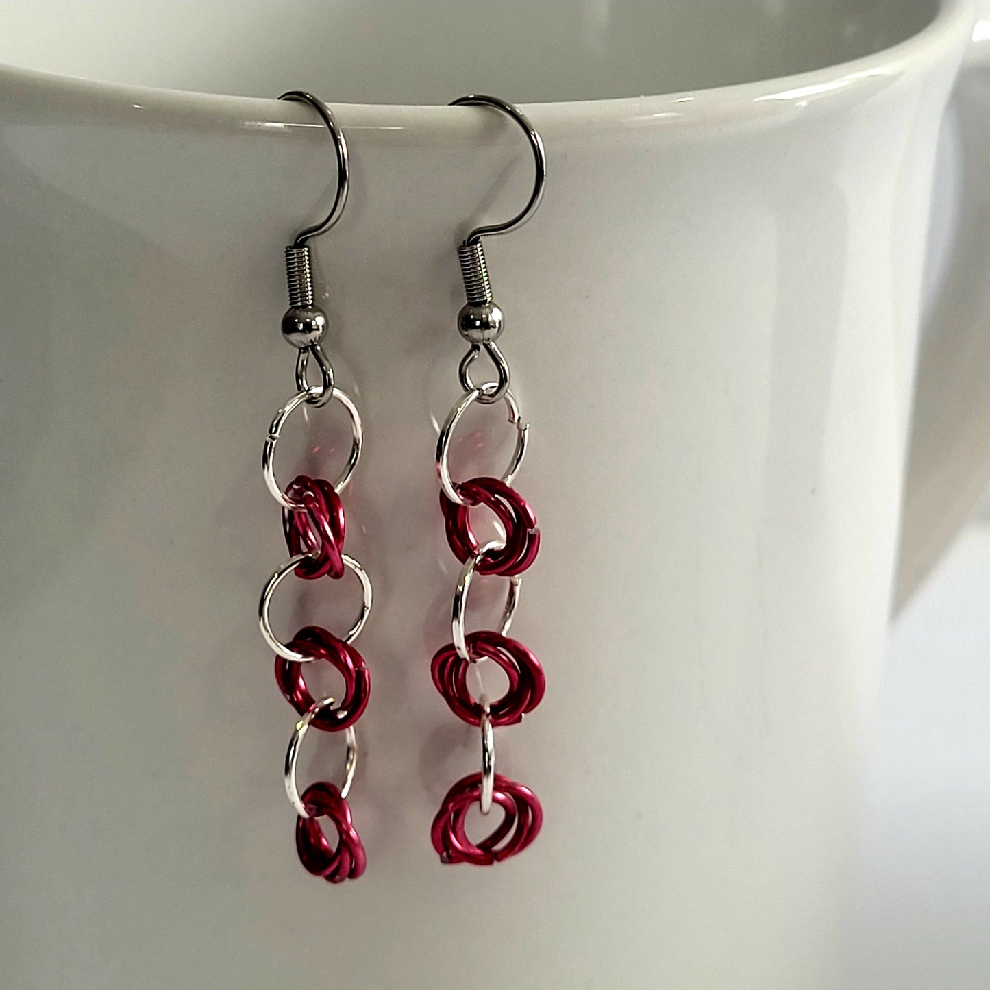 Earrings, pink and silver chainmail