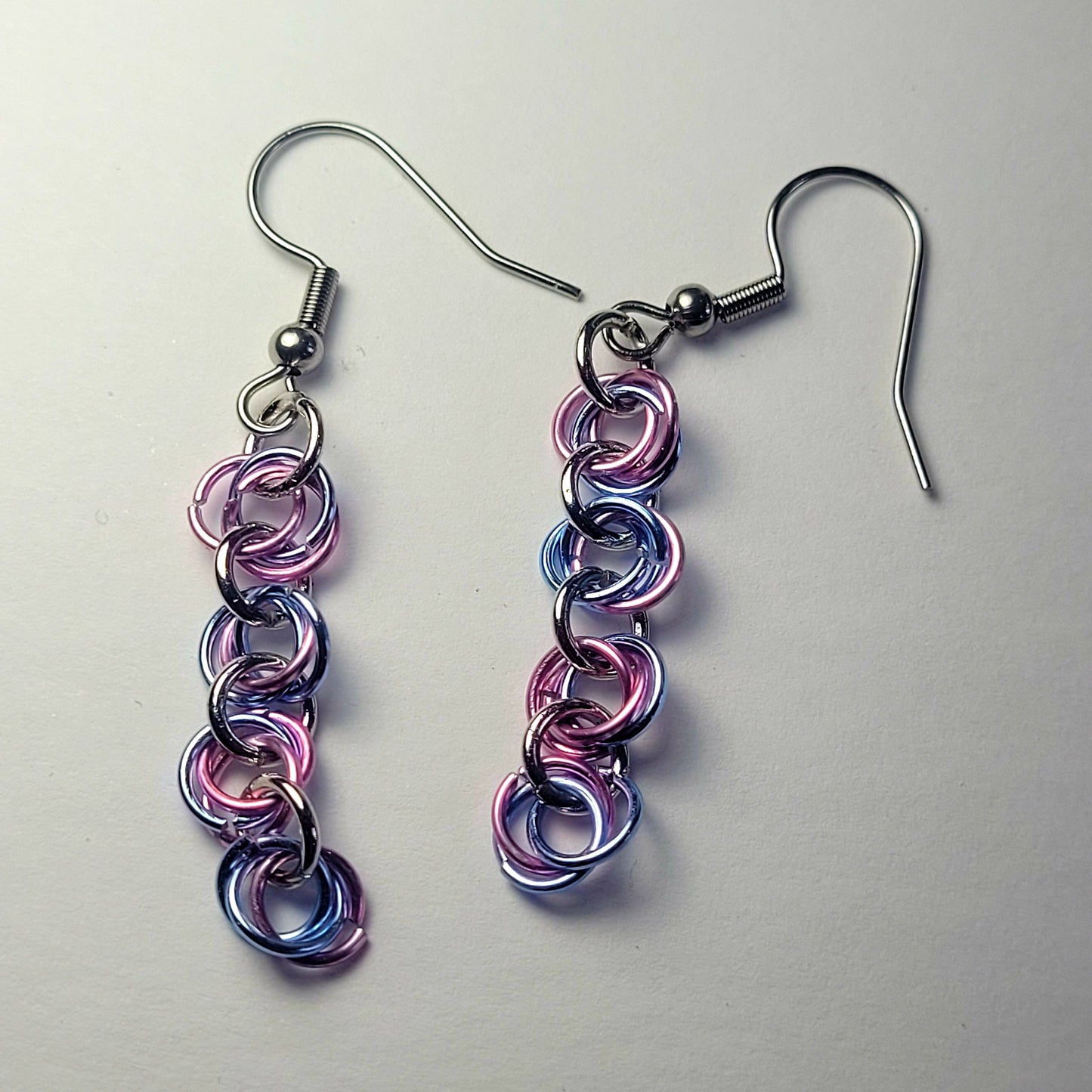 Bracelet and earring set, light pink, blue and silver chainmail