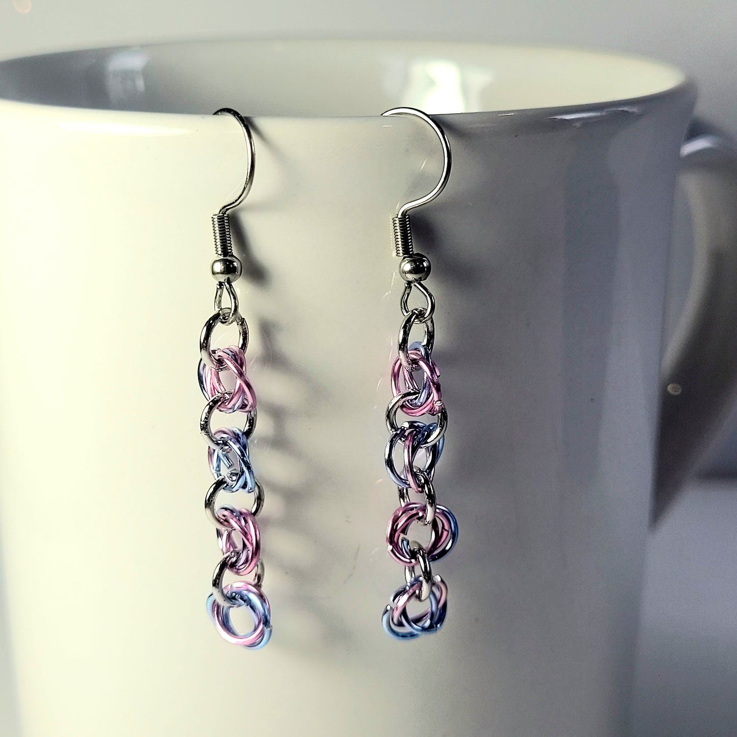 Bracelet and earring set, light pink, blue and silver chainmail