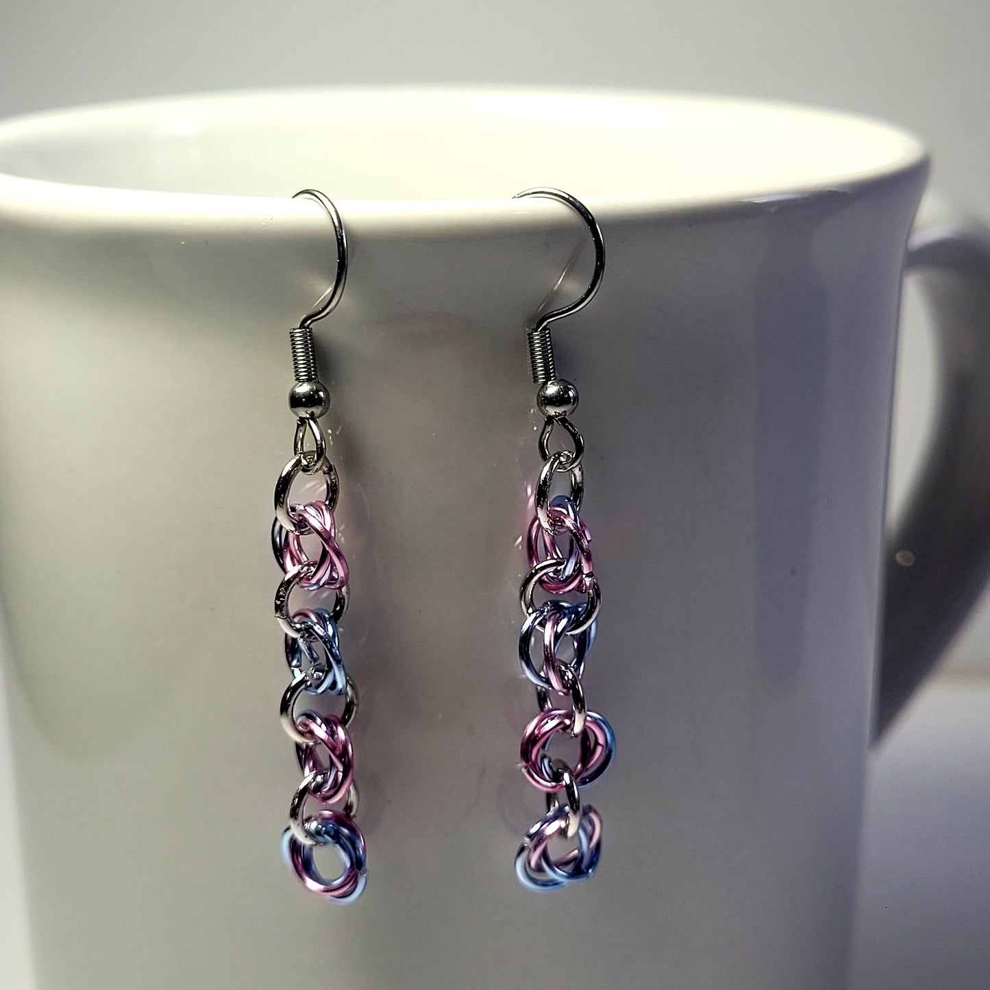 Bracelet and earring set, light pink, blue and silver chainmail