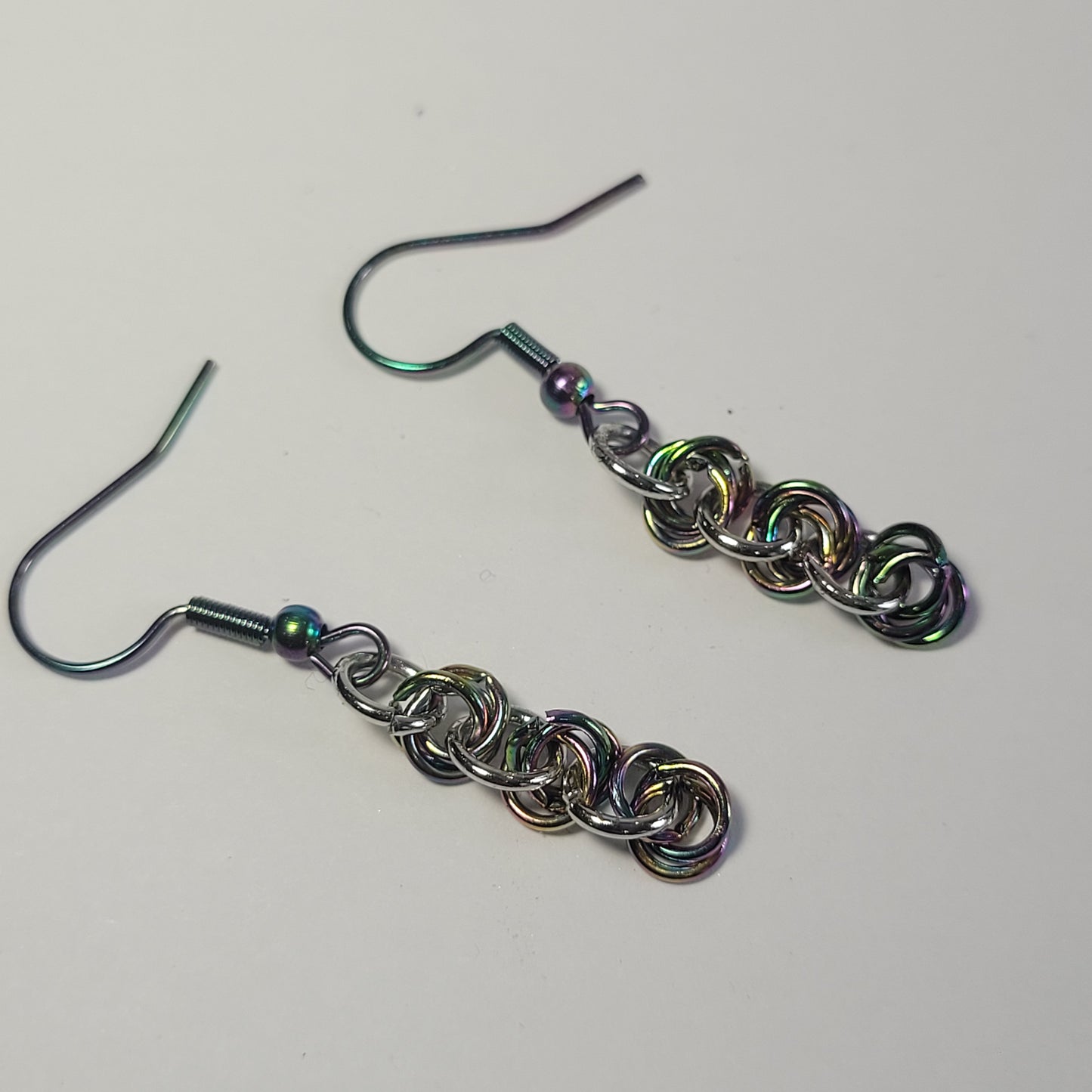 Earrings, multichrome rainbow dangle chainmail