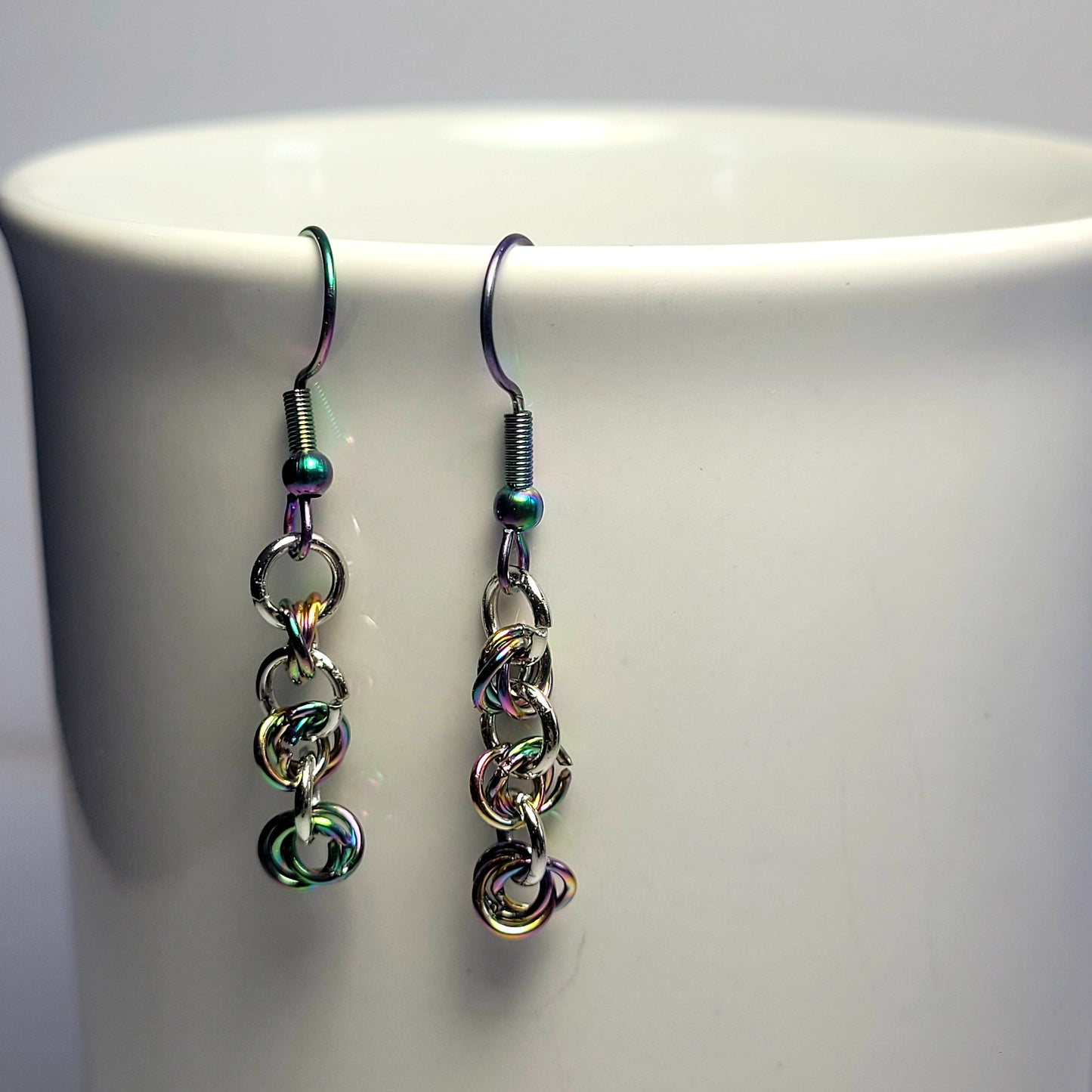 Bracelet and earring set, multichrome, rainbow stainless steel chainmail