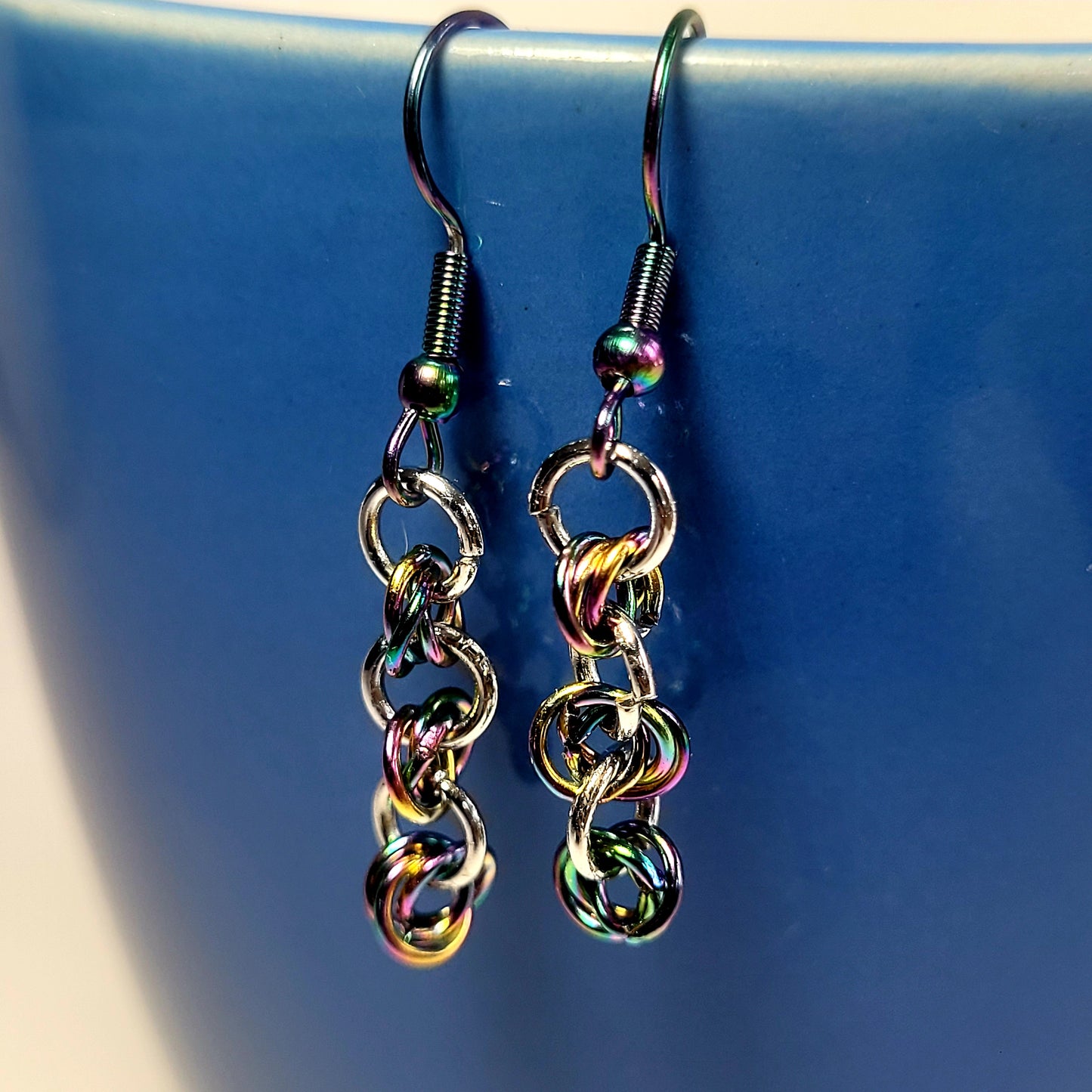 Bracelet and earring set, multichrome, rainbow stainless steel chainmail