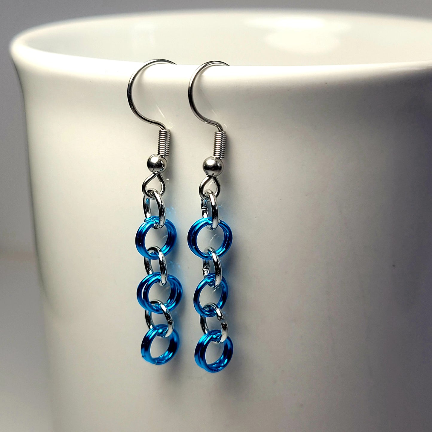 Earrings, blue and silver chainmail