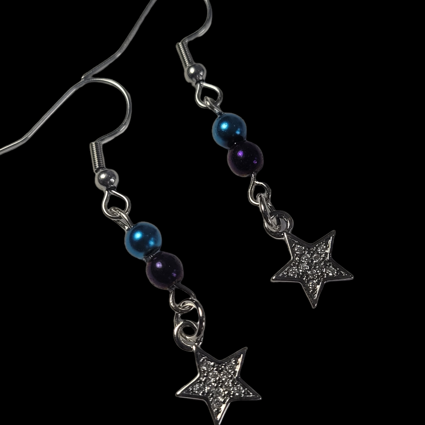 Earrings, blue and purple bead with dangle diamond star