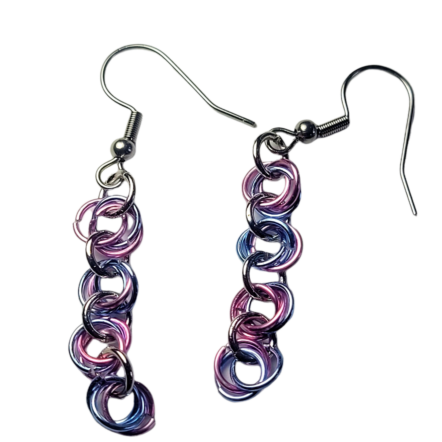 Bracelet and earring set, light pink, blue and silver chainmail