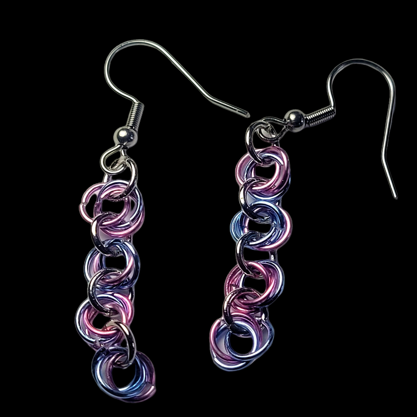 Bracelet and earring set, light pink, blue and silver chainmail