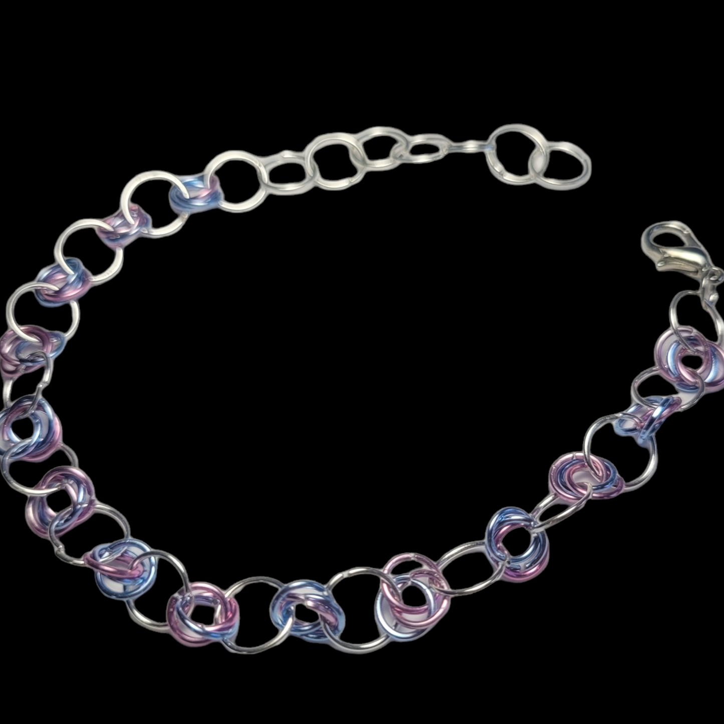 Bracelet and earring set, light pink, blue and silver chainmail