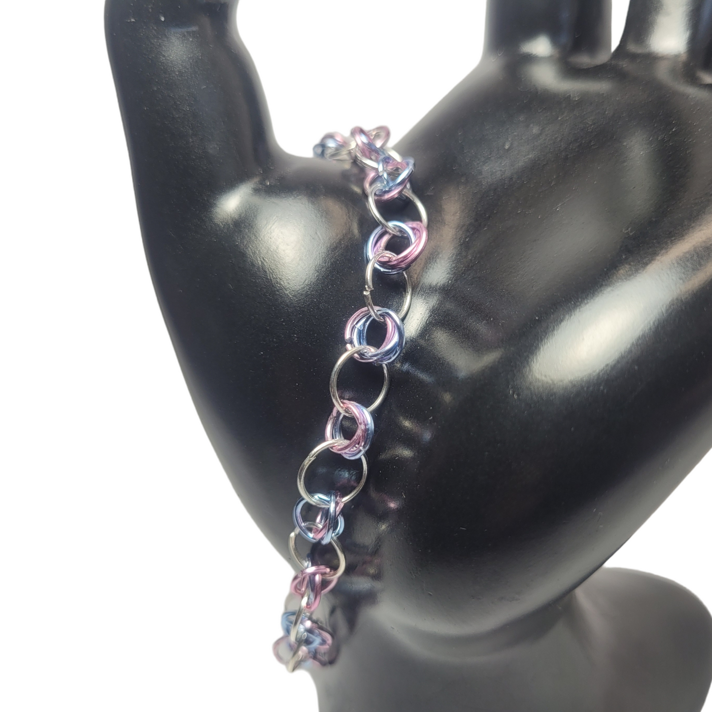 Bracelet and earring set, light pink, blue and silver chainmail