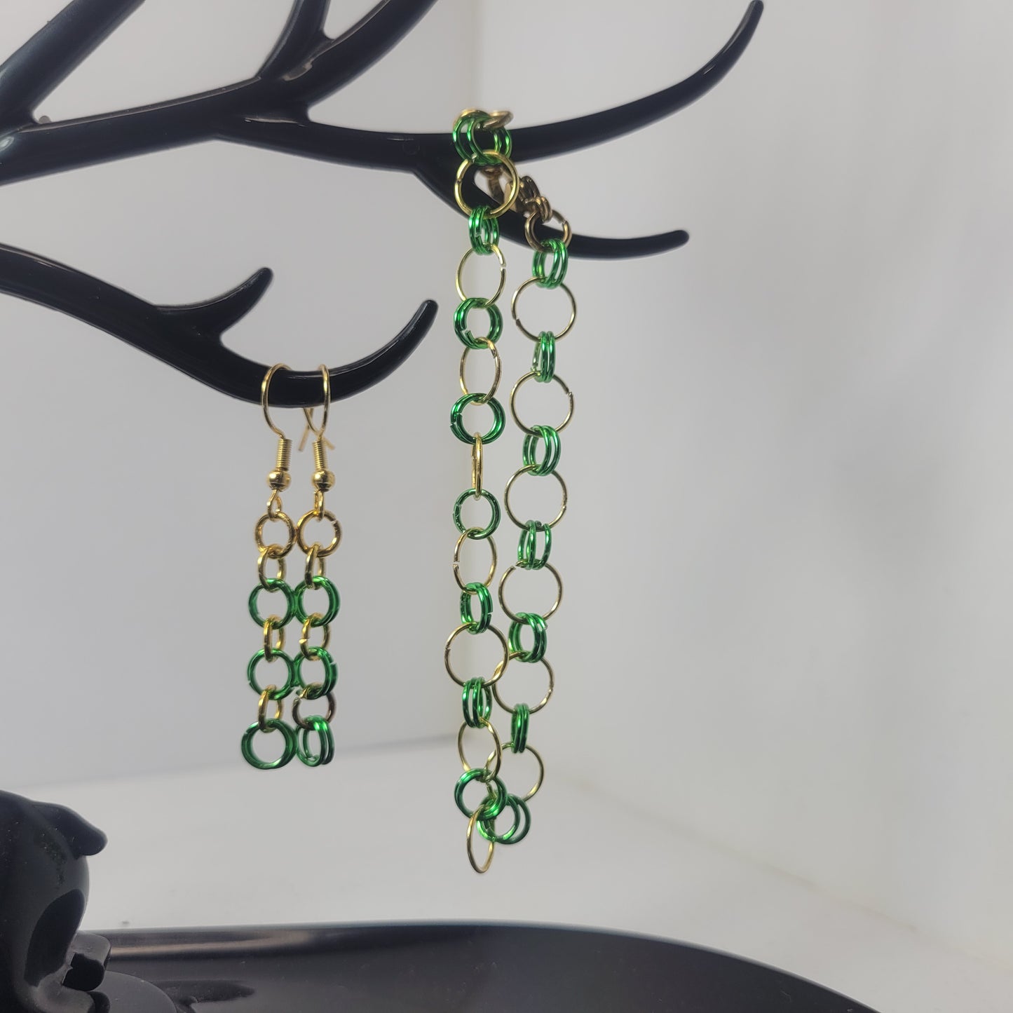 Earrings, green and gold chainmail
