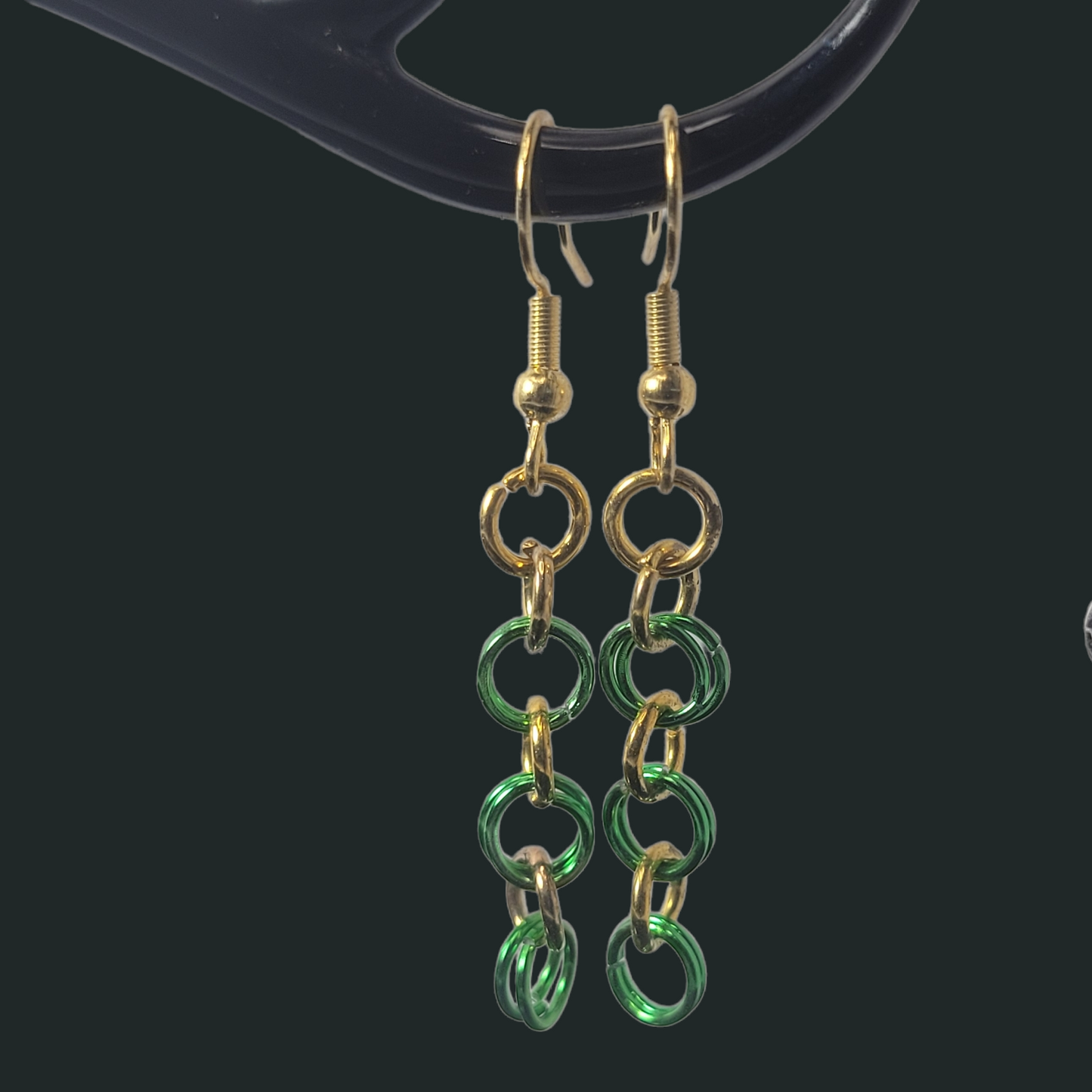 Earrings, green and gold chainmail