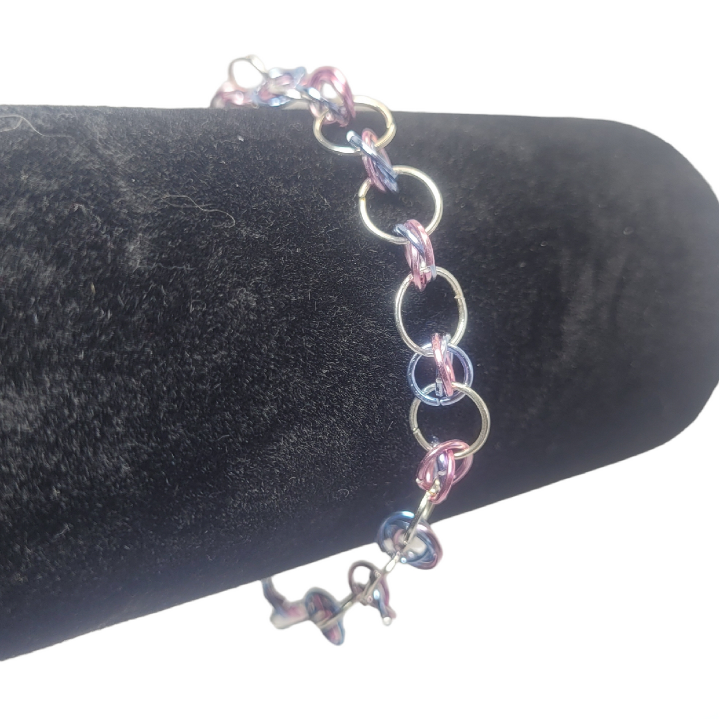 Bracelet and earring set, light pink, blue and silver chainmail
