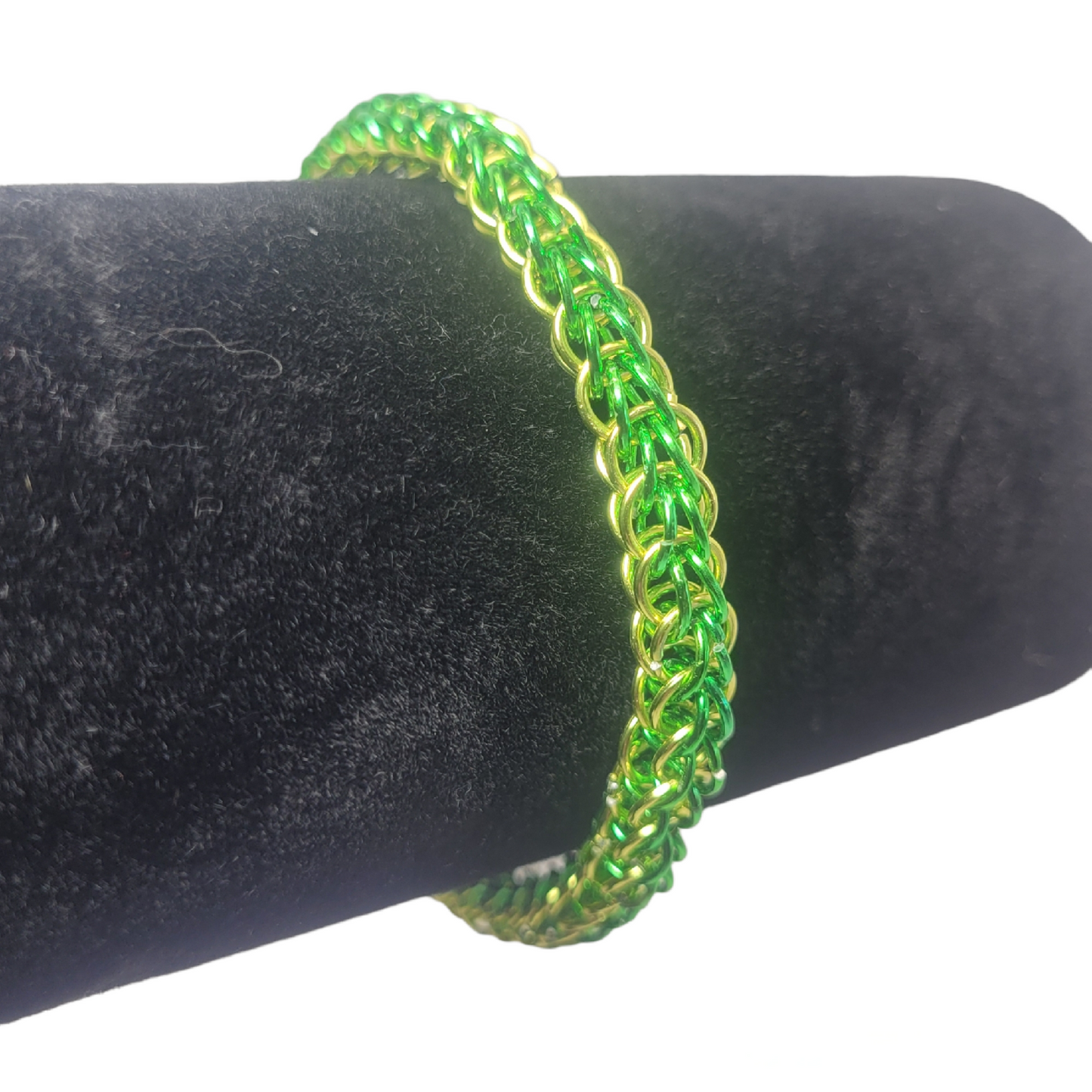 Bracelet, green and yellow chainmail