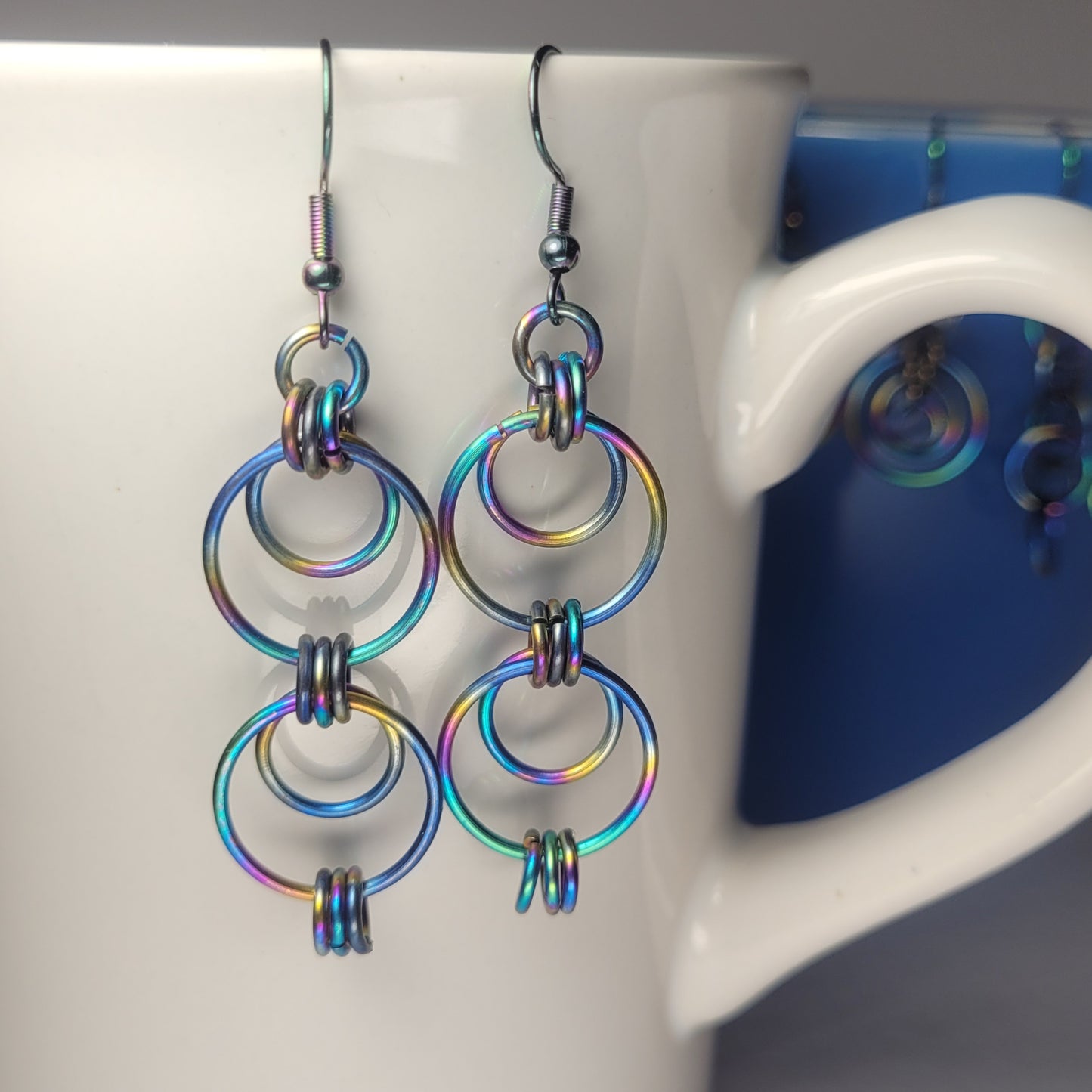 Earrings, multichrome rainbow circles chainmail