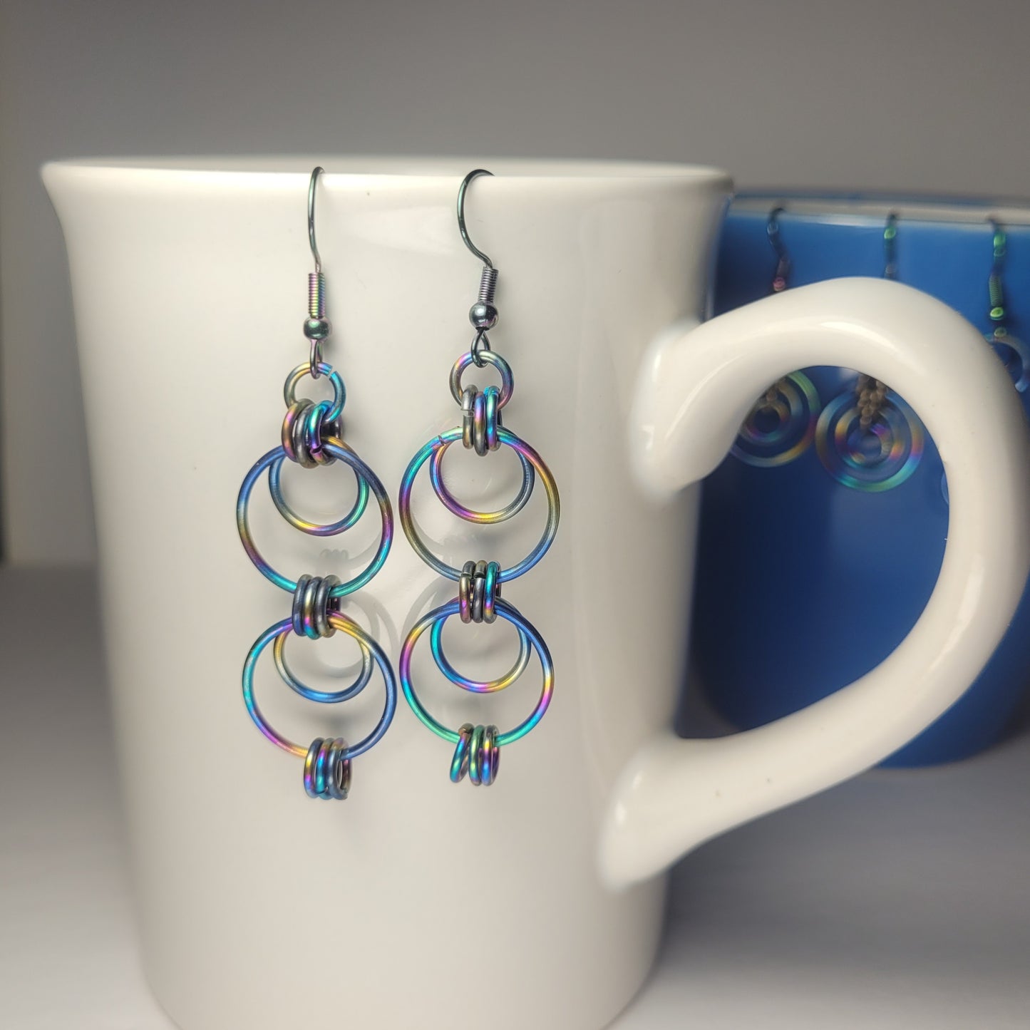 Earrings, multichrome rainbow circles chainmail
