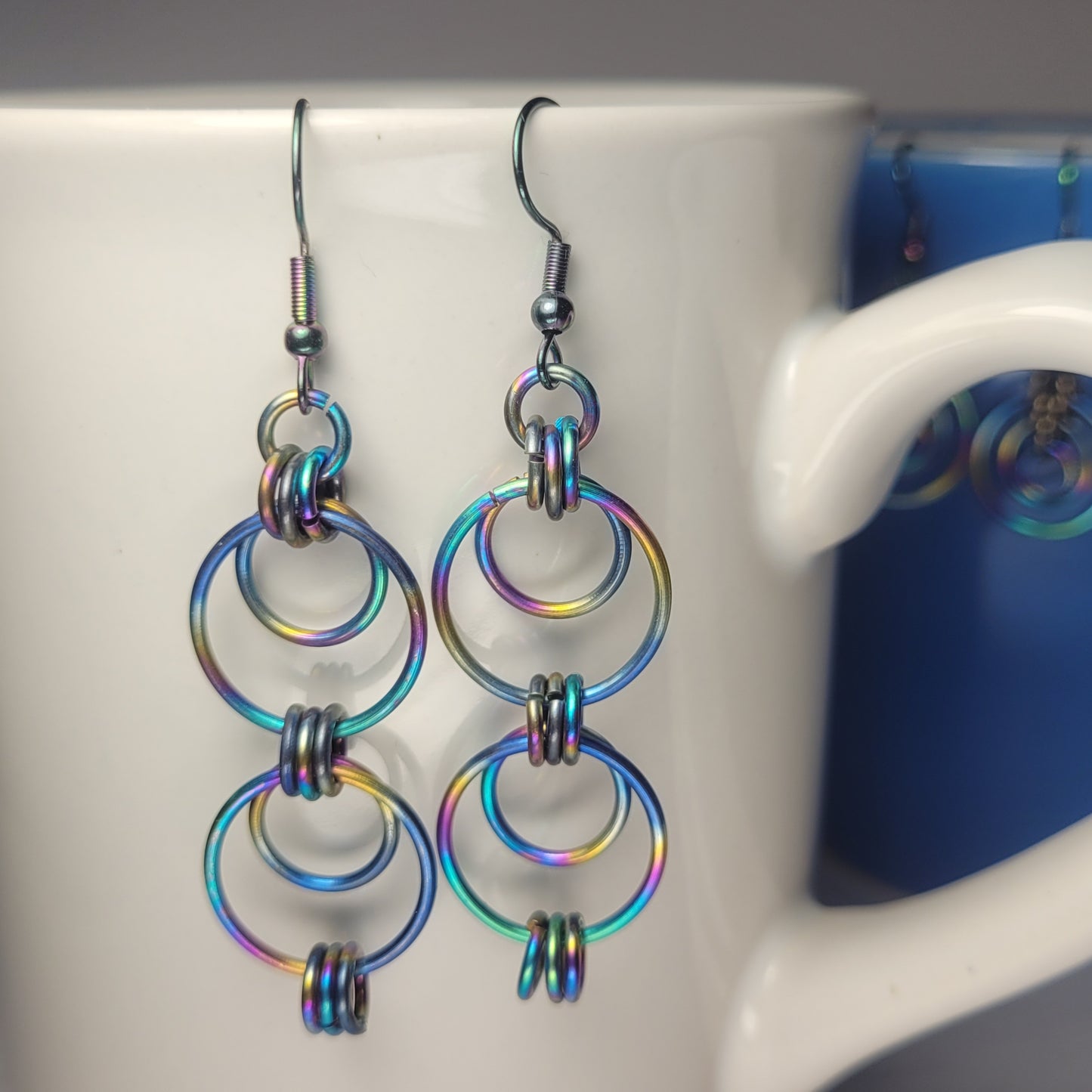 Earrings, multichrome rainbow circles chainmail