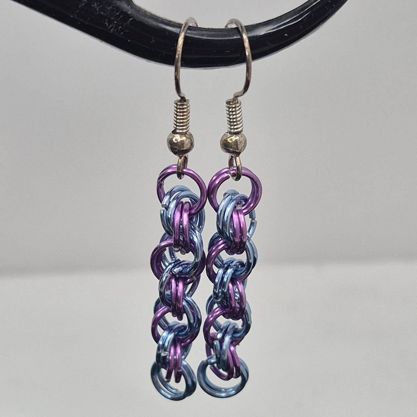 Spiral Earrings, blue and purple chainmail