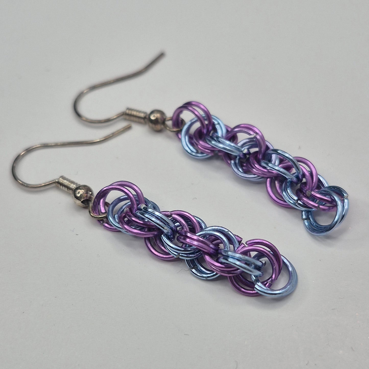 Spiral Earrings, blue and purple chainmail