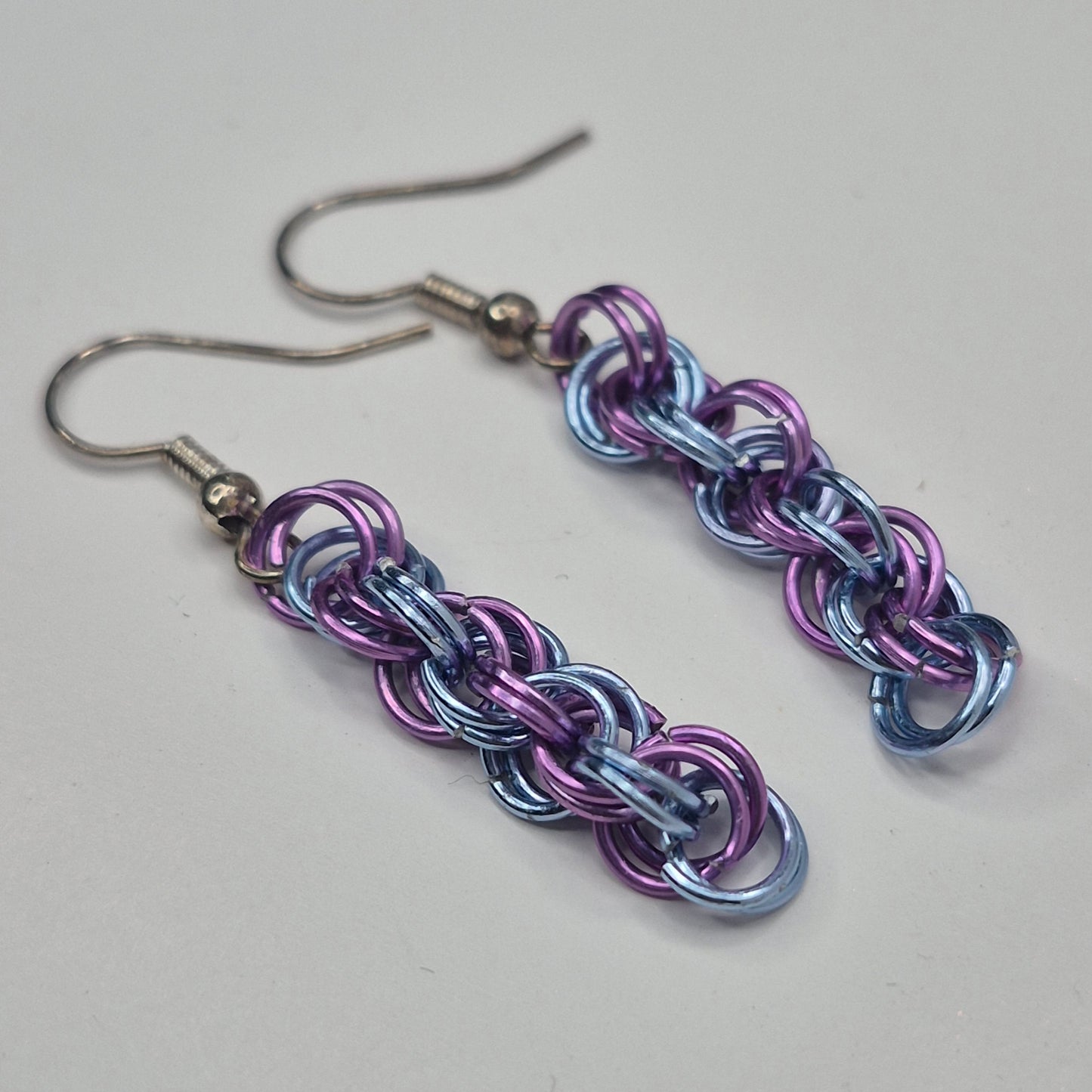 Spiral Earrings, blue and purple chainmail