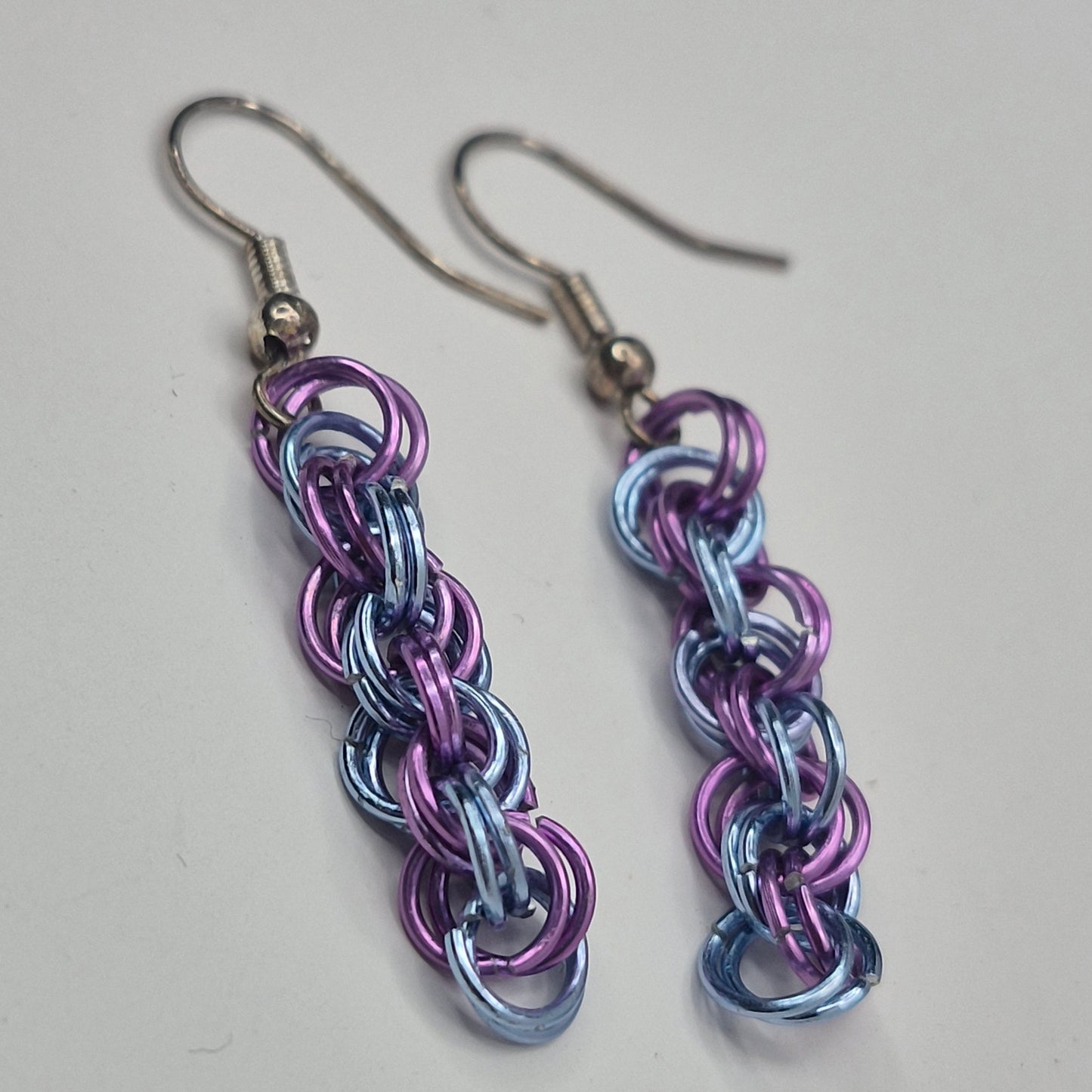 Spiral Earrings, blue and purple chainmail