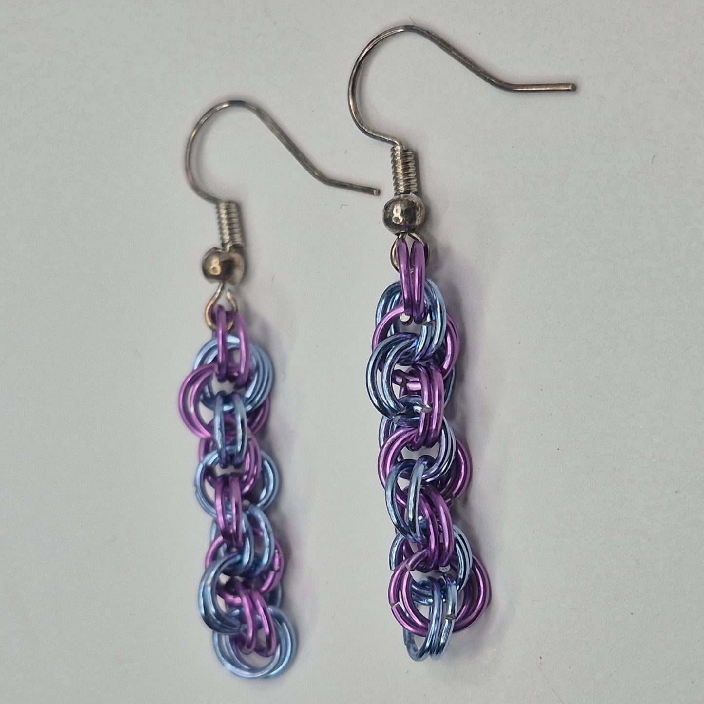 Spiral Earrings, blue and purple chainmail