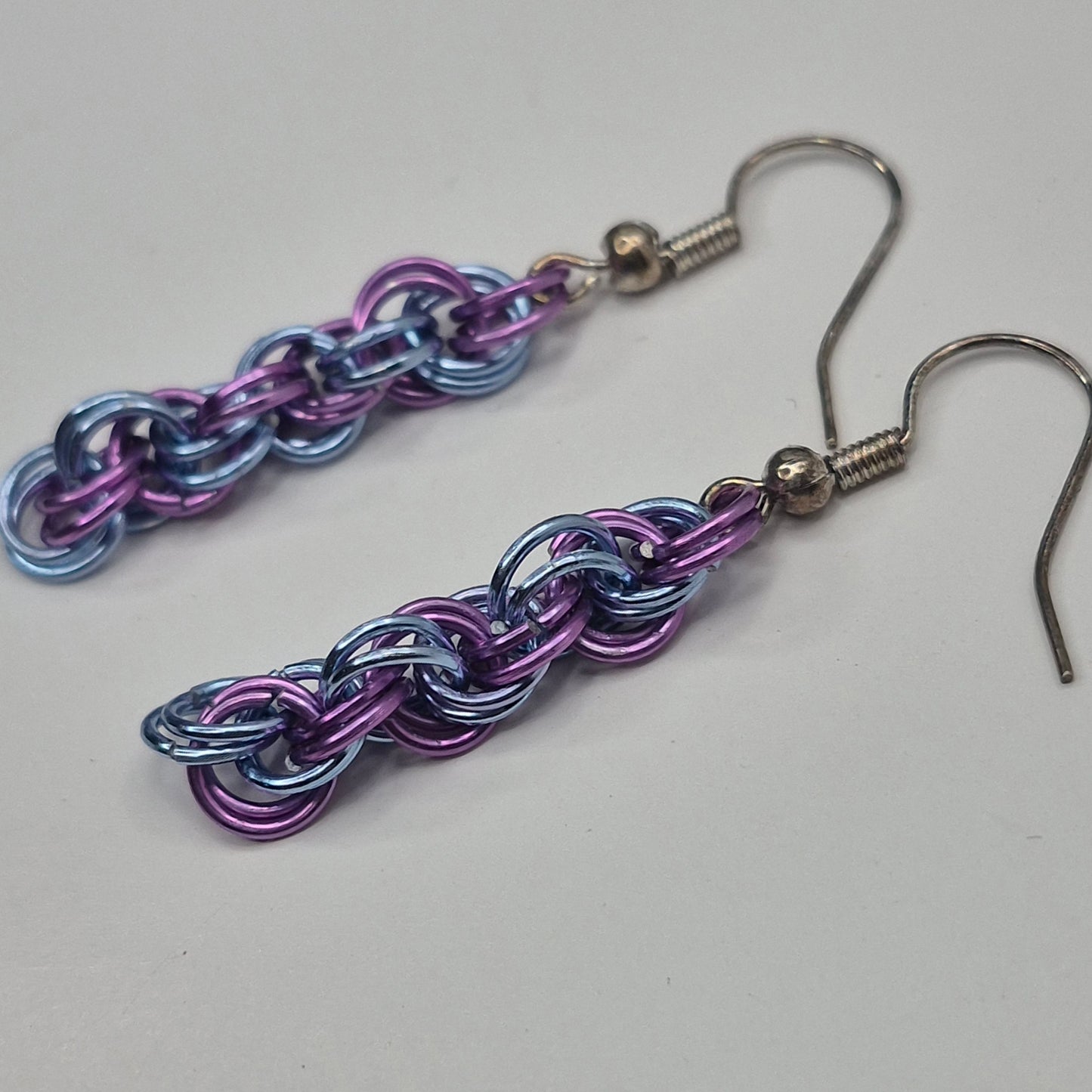 Spiral Earrings, blue and purple chainmail
