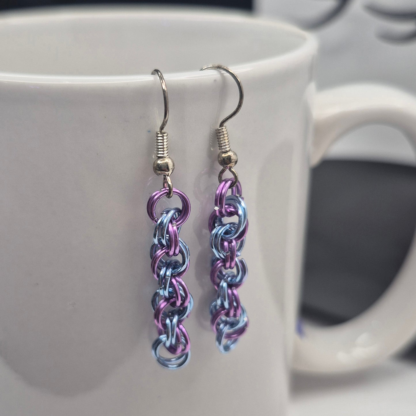 Spiral Earrings, blue and purple chainmail
