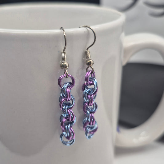 Spiral Earrings, blue and purple chainmail