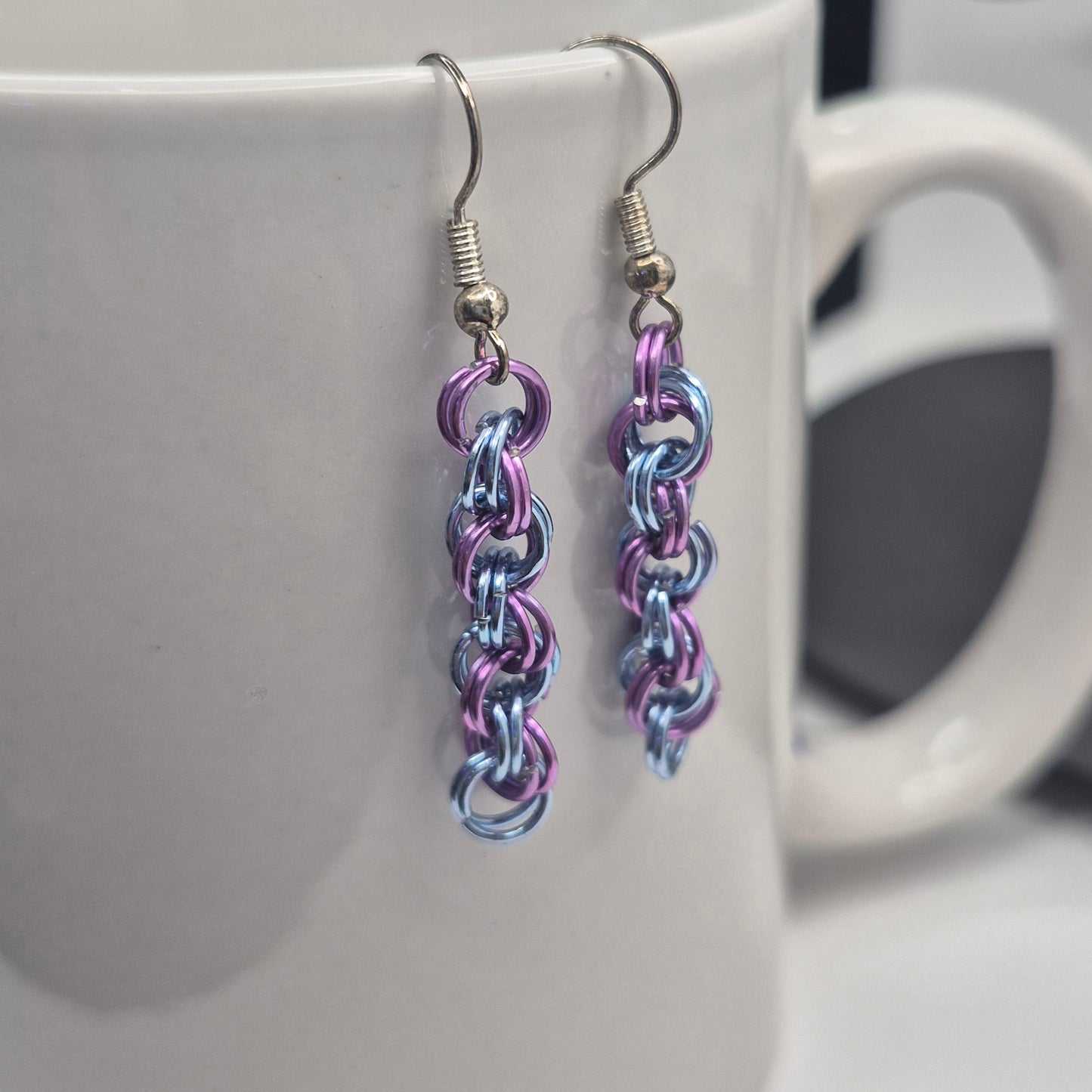 Spiral Earrings, blue and purple chainmail