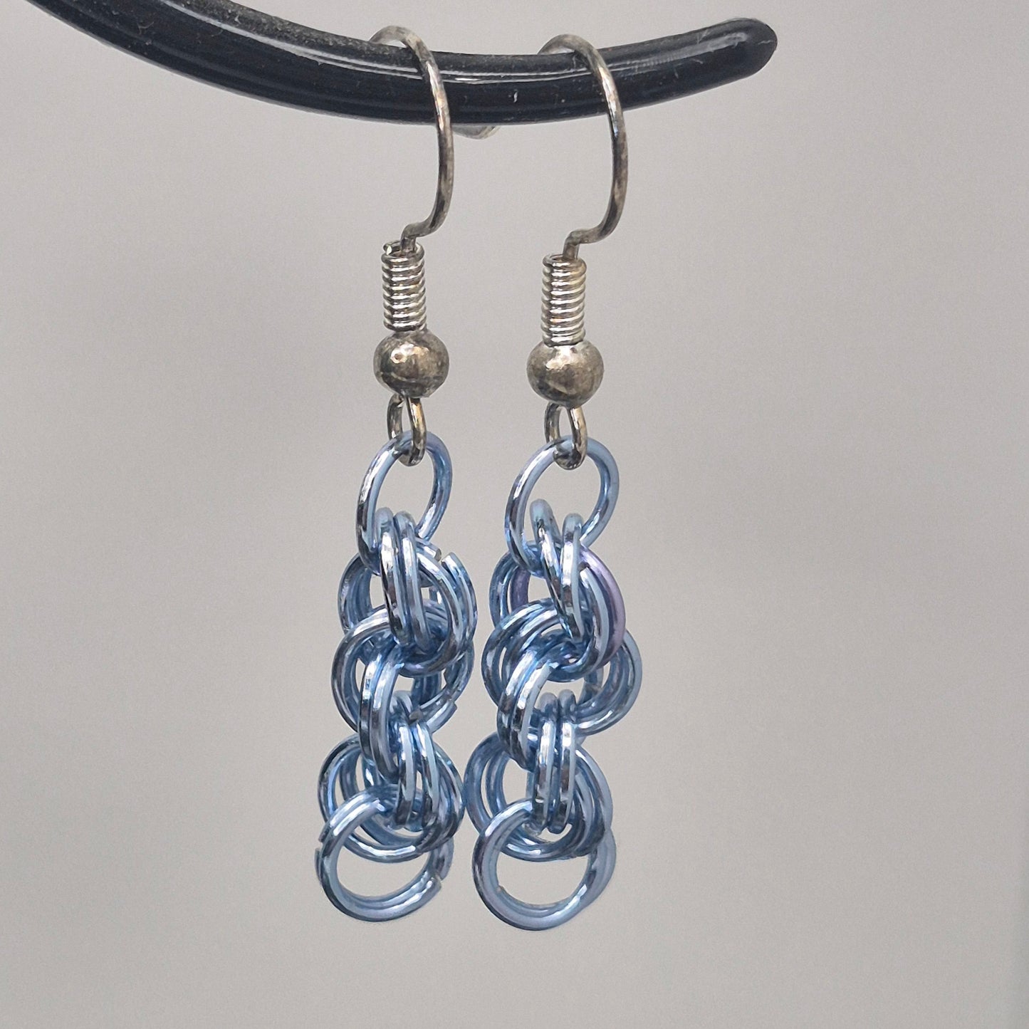 Spiral Earrings, blue chainmail