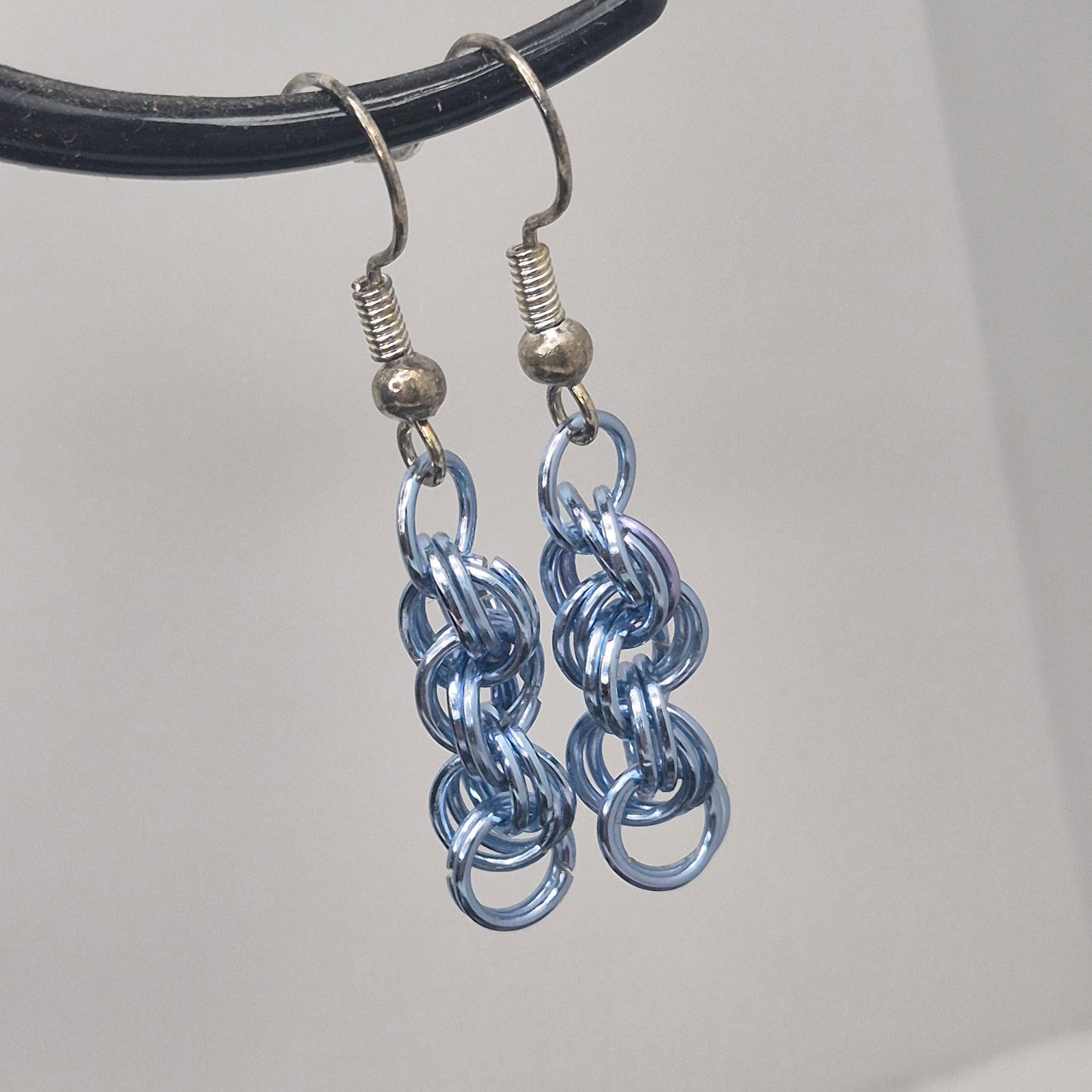 Spiral Earrings, blue chainmail