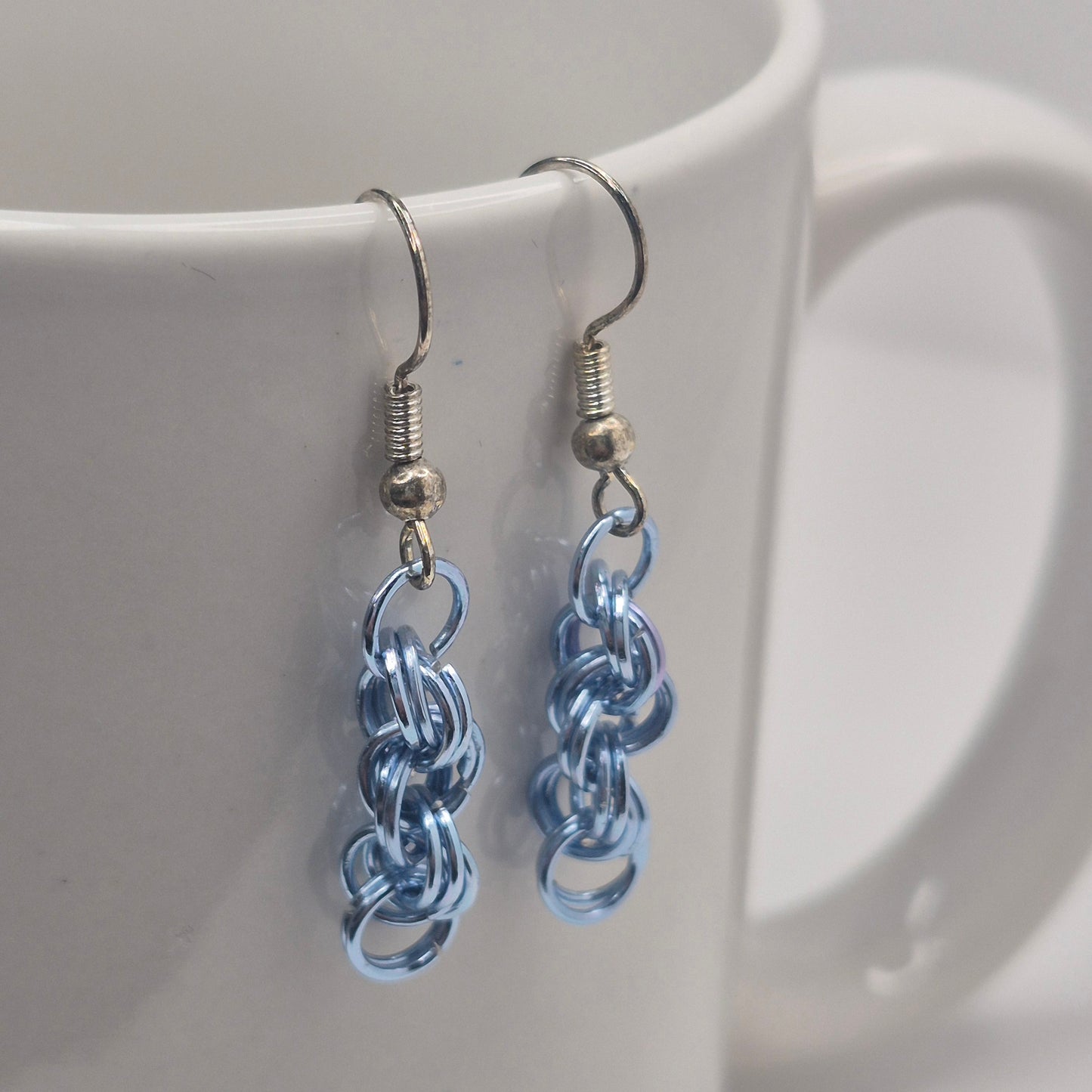 Spiral Earrings, blue chainmail