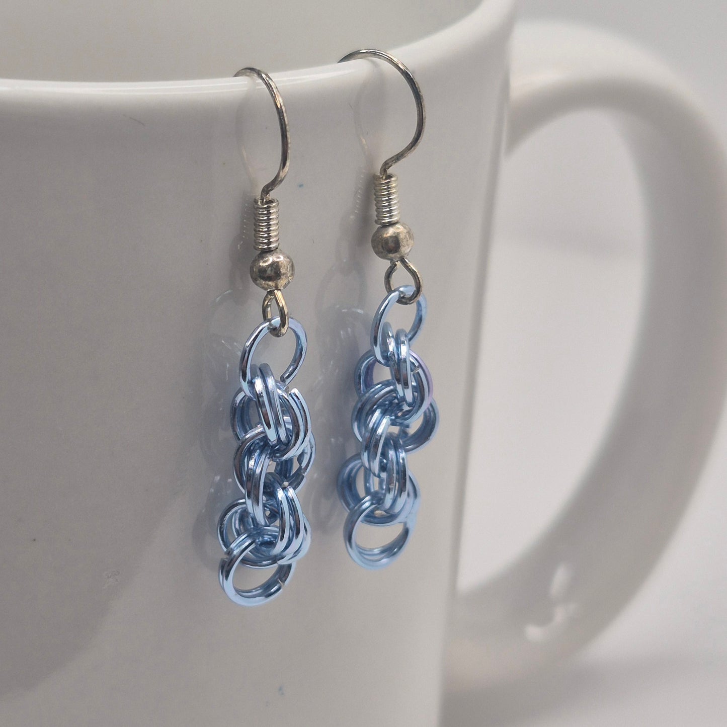Spiral Earrings, blue chainmail