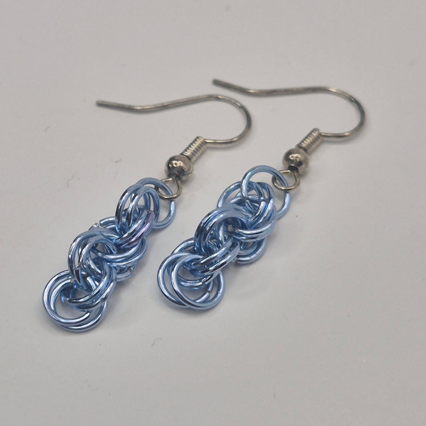 Spiral Earrings, blue chainmail