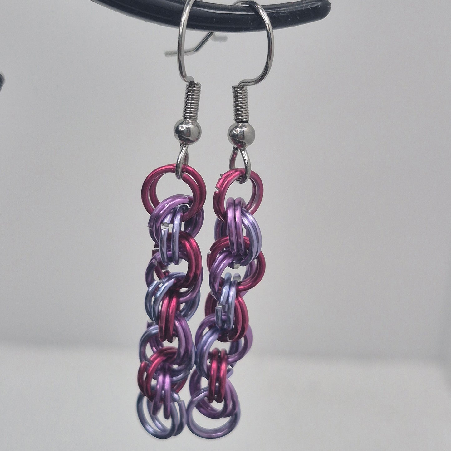 Spiral Earrings, pink, purple, blue chainmail
