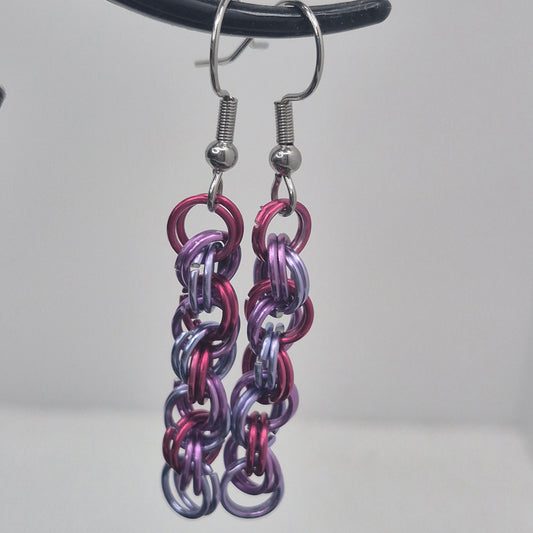 Spiral Earrings, pink, purple, blue chainmail