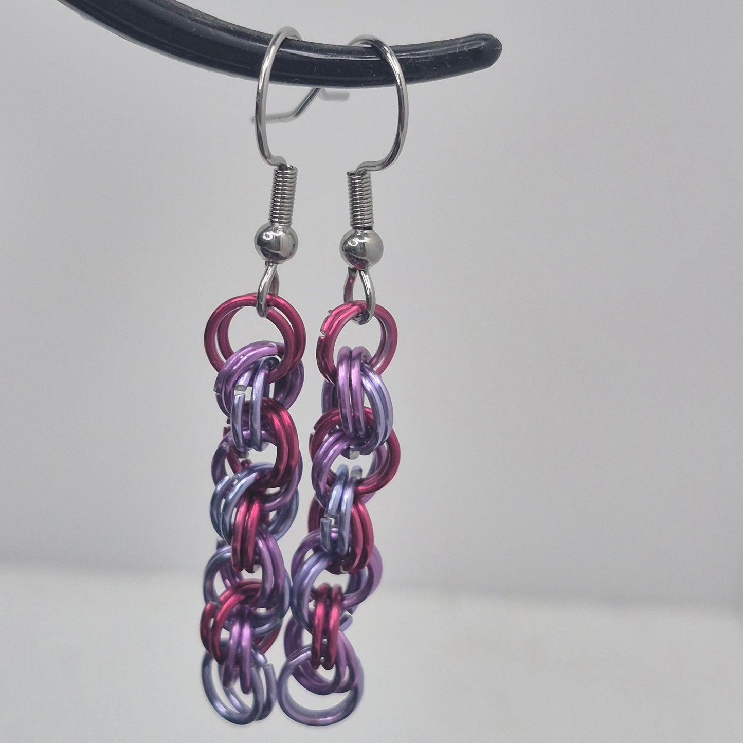 Spiral Earrings, pink, purple, blue chainmail