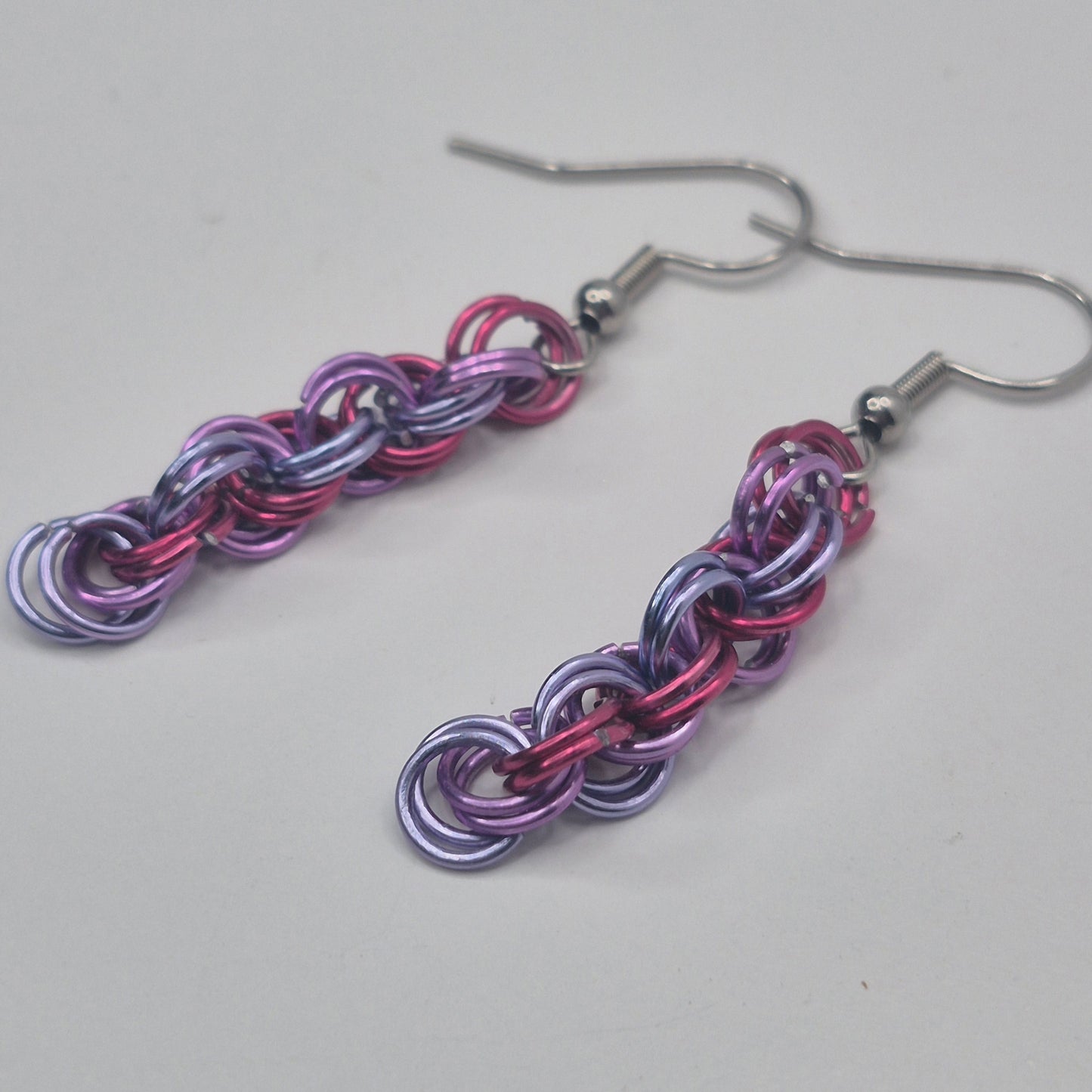 Spiral Earrings, pink, purple, blue chainmail