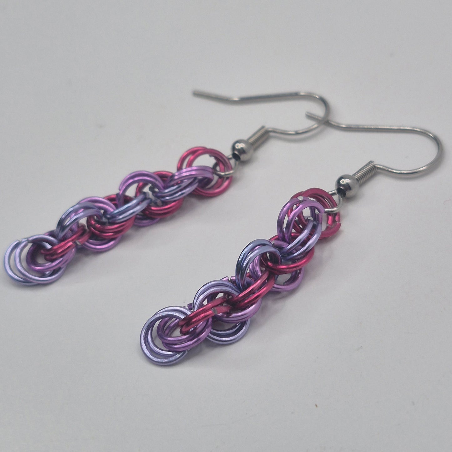 Spiral Earrings, pink, purple, blue chainmail