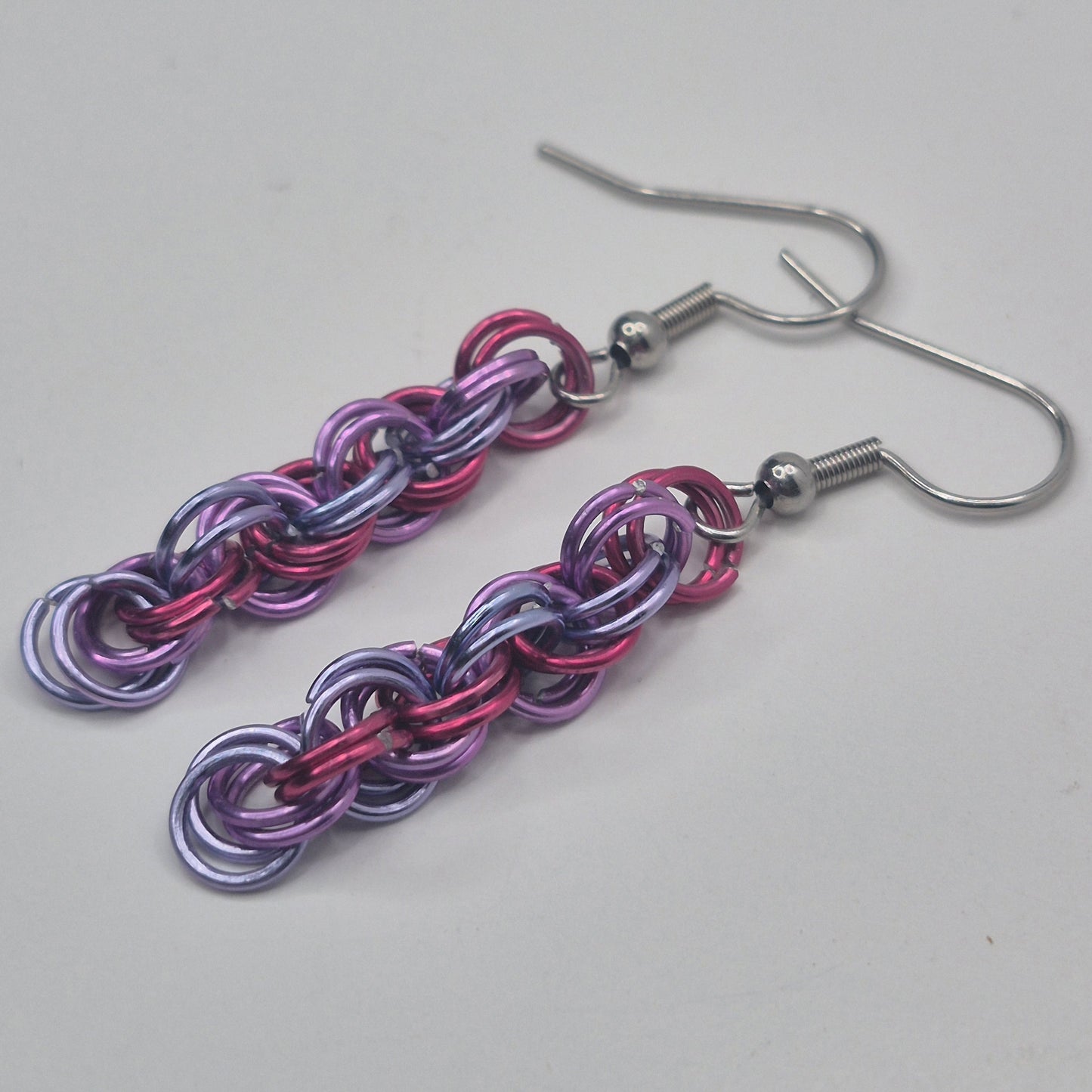 Spiral Earrings, pink, purple, blue chainmail
