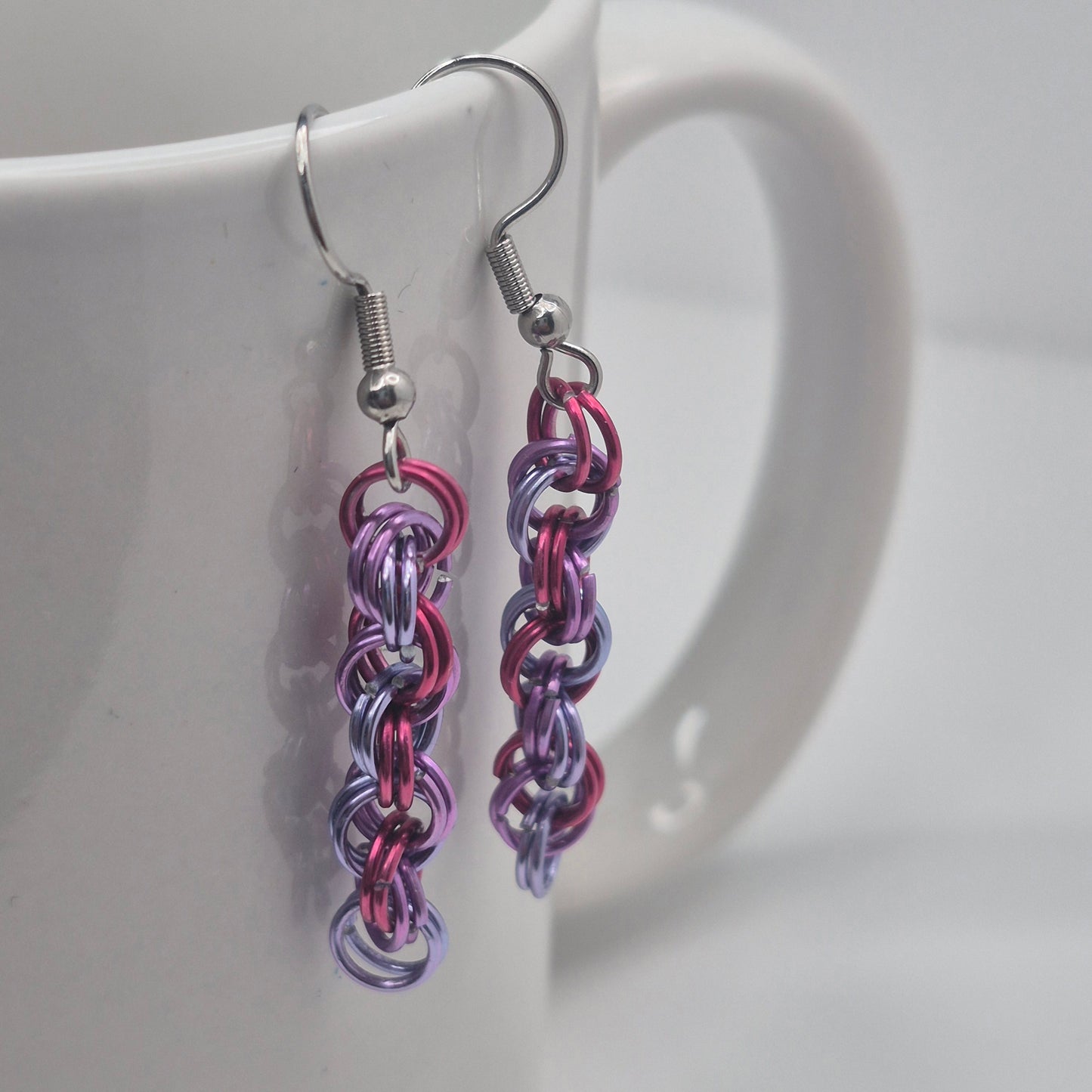 Spiral Earrings, pink, purple, blue chainmail