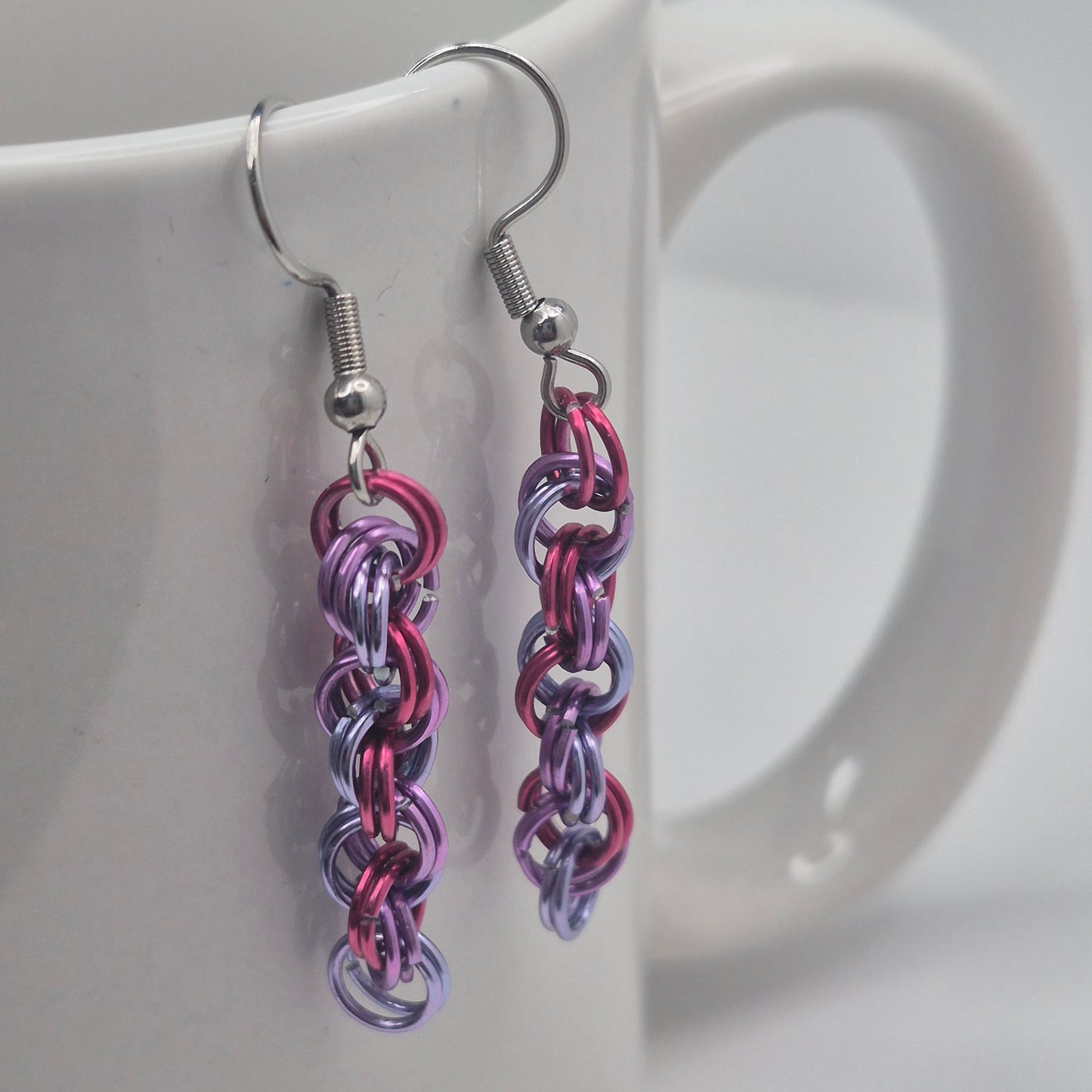 Spiral Earrings, pink, purple, blue chainmail