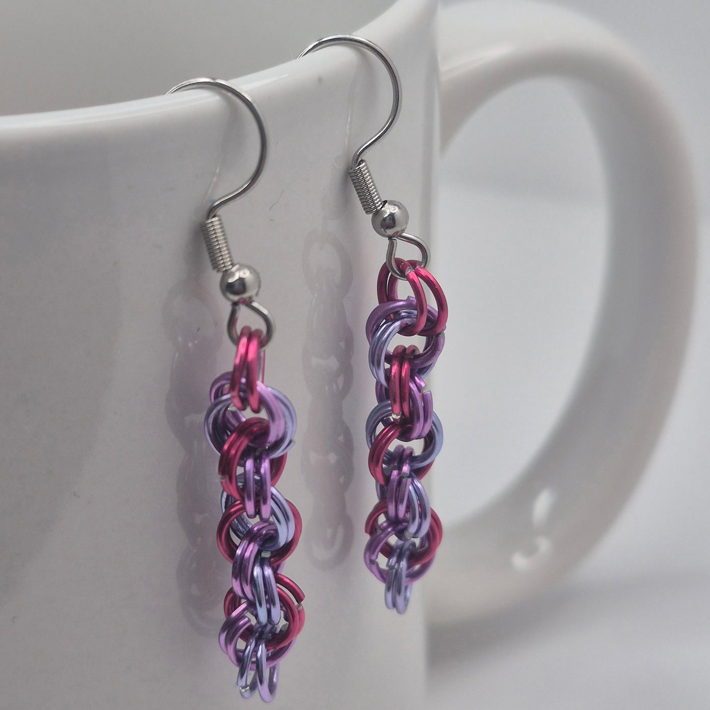 Spiral Earrings, pink, purple, blue chainmail