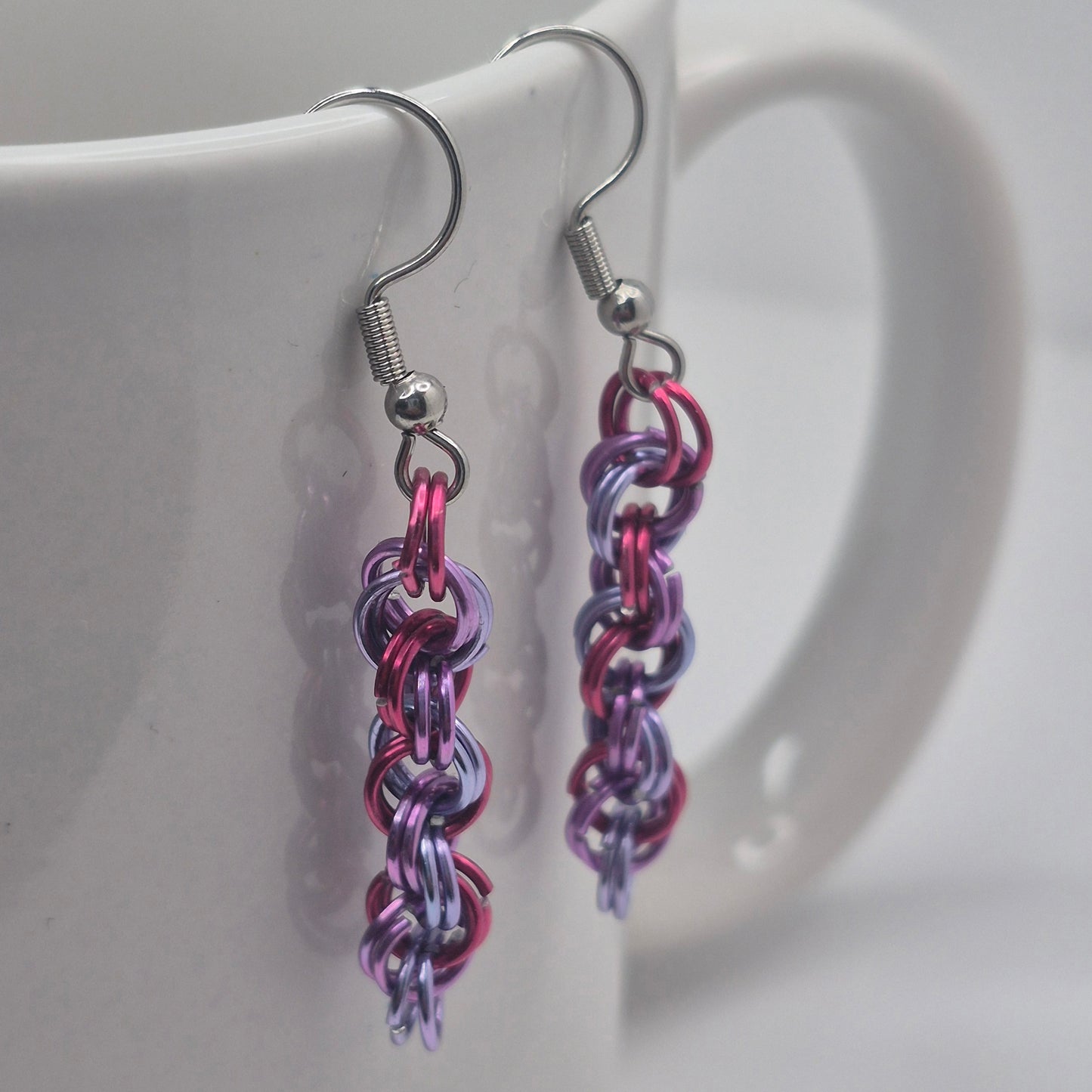 Spiral Earrings, pink, purple, blue chainmail