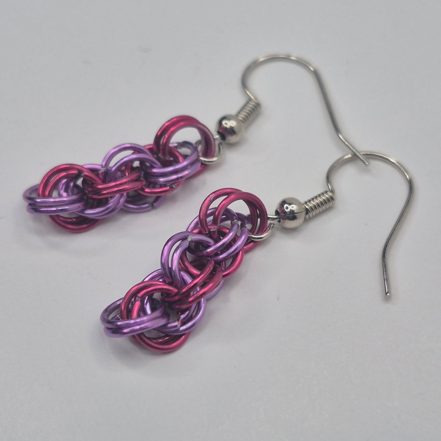 Spiral Earrings, pink, purple chainmail