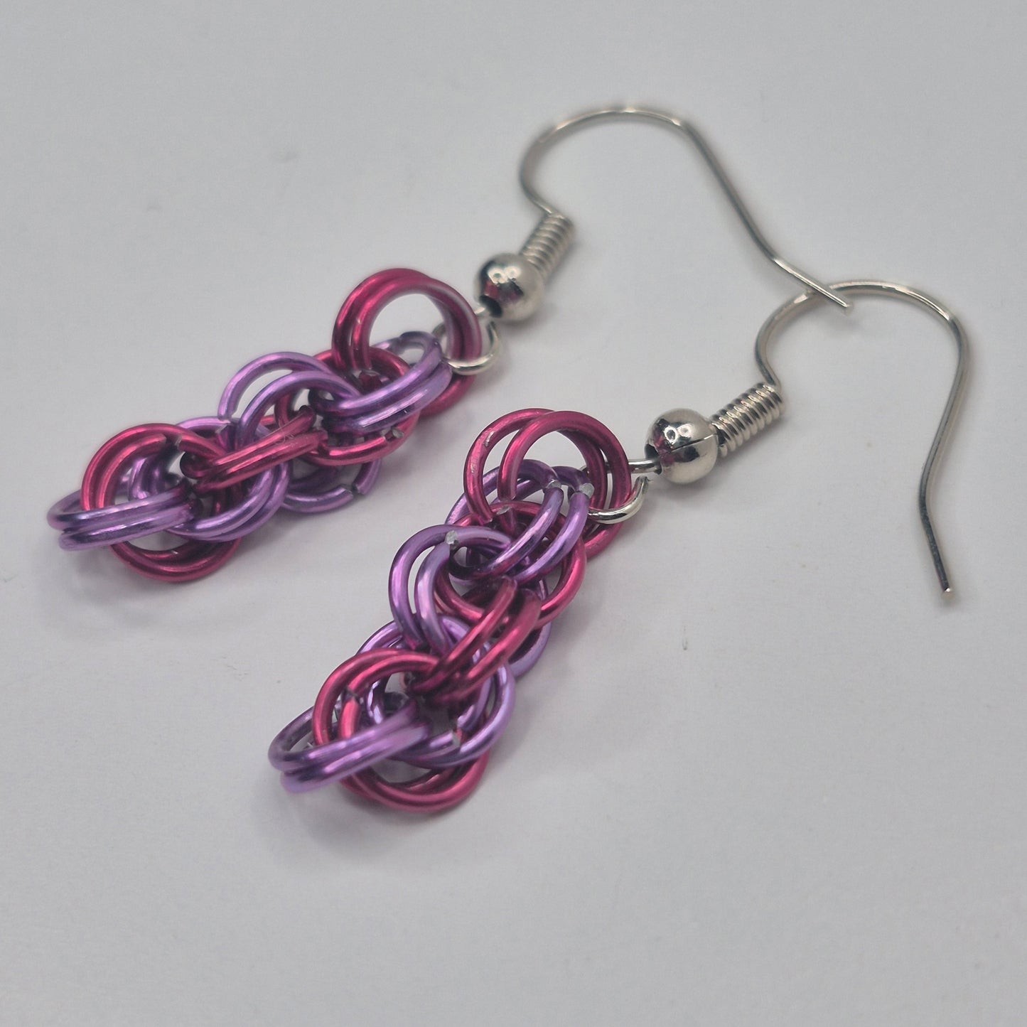 Spiral Earrings, pink, purple chainmail